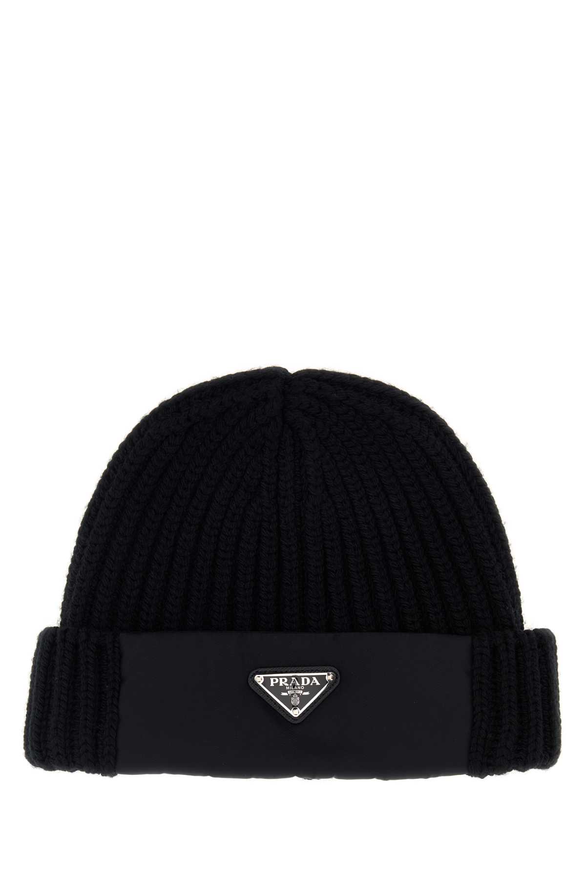 Prada Wool And Re-nylon Hat With Triangle Logo In Black