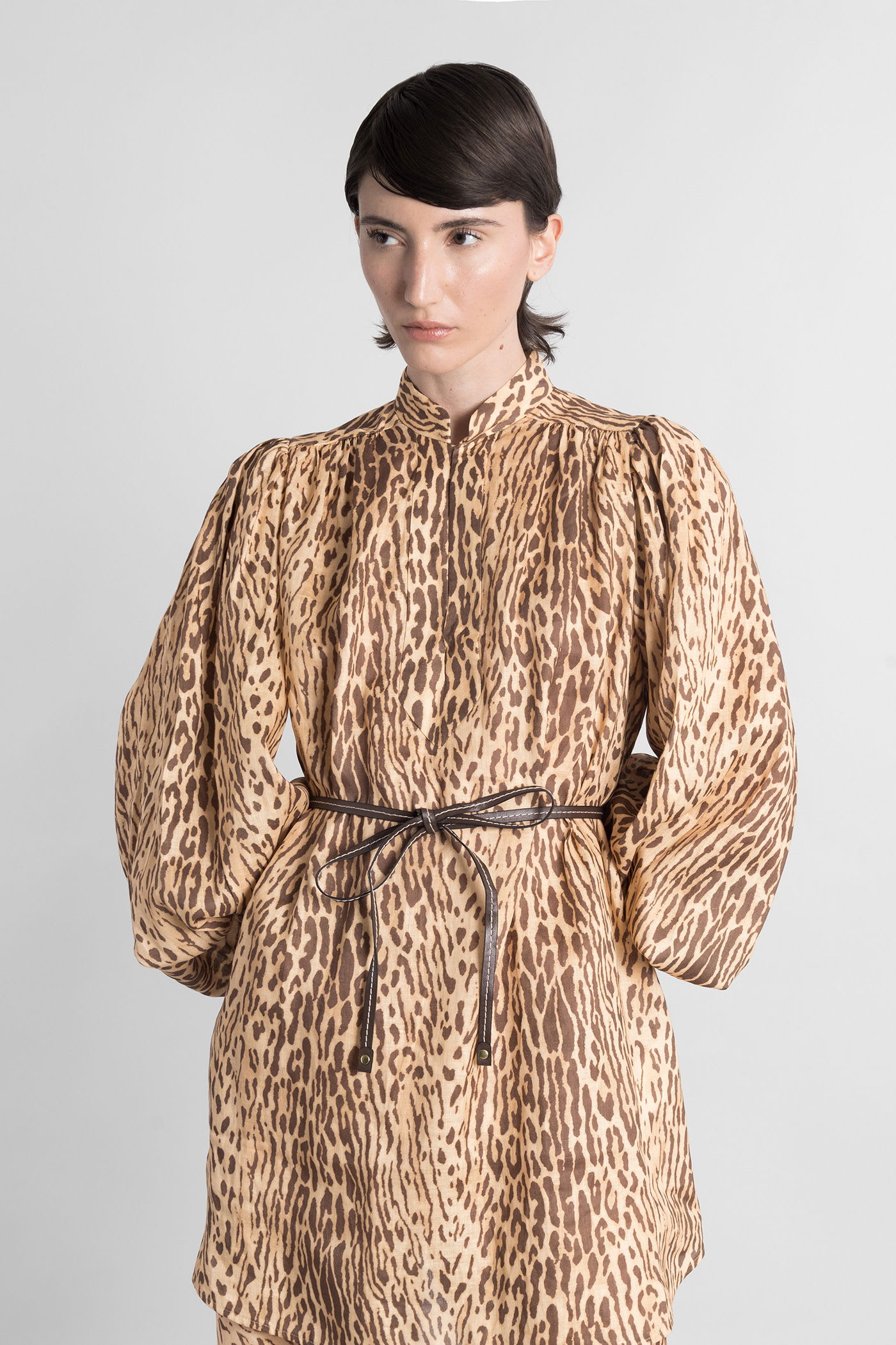 Zimmermann Cascadian Beige Tunic Dress With Stand-up Collar And All-over Leopard Print In Linen Woman In Brown