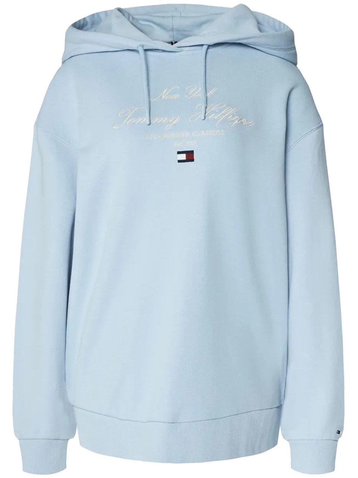 Tommy Hilfiger Logo Embroidered Drawstring Hoodie In Blue