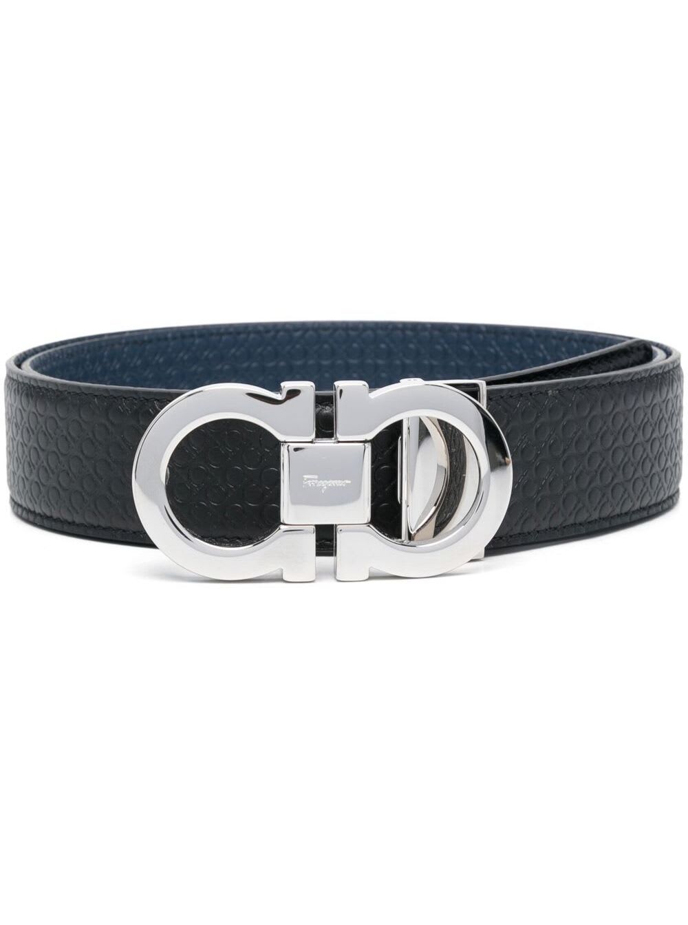 Salvatore Ferragamo Black And Blue Leather Reversible Belt Man