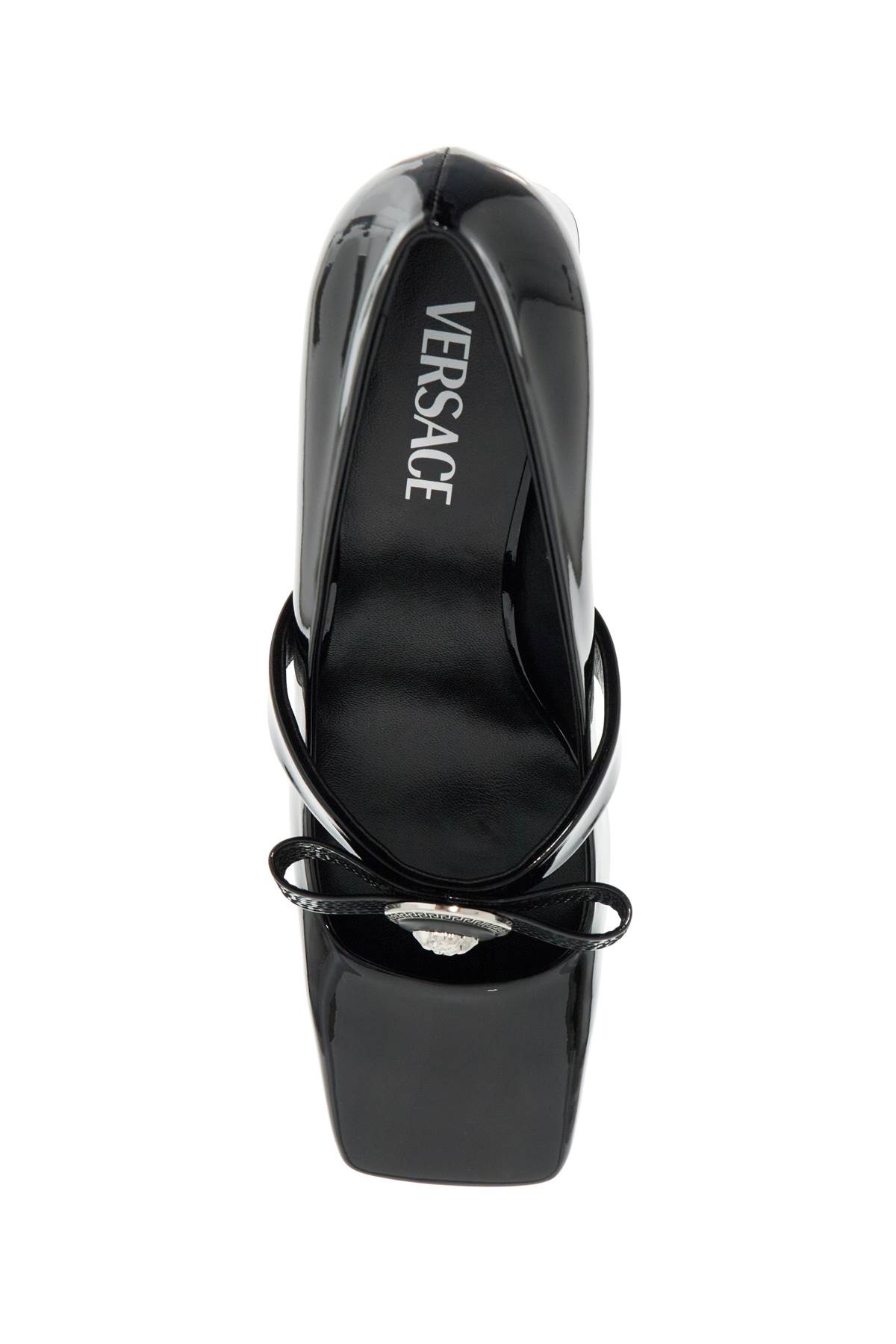 Shop Versace Gianni Ribbon Patent Leather Dã© In Black-palladium (black)