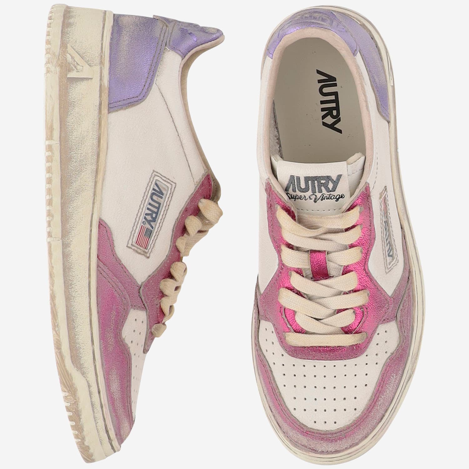 Autry Low-top Leather Sneakers With Vintage Effect In Multi