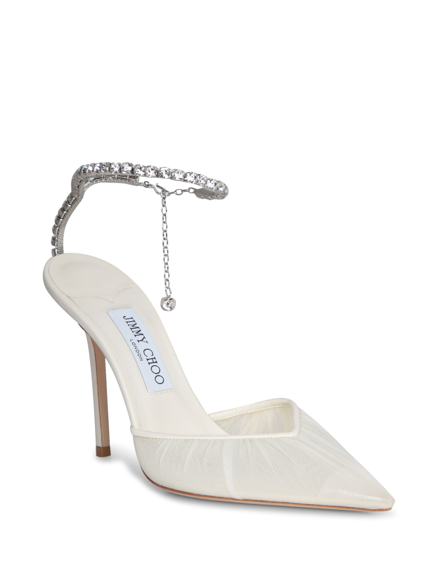 Jimmy Choo Saeda Crystal Ankle Strap Pointed Toe Pump In White