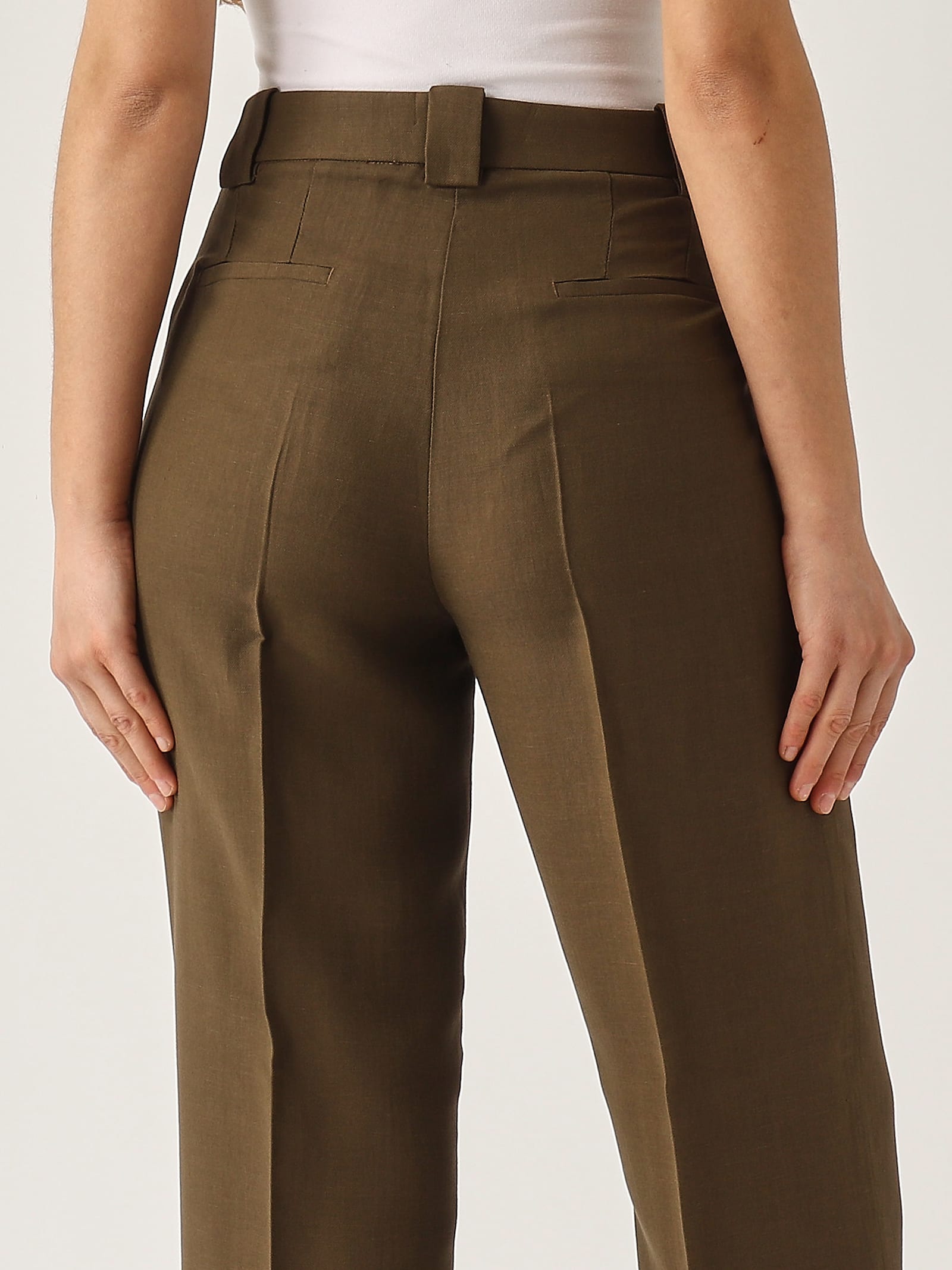 Pinko Green Pants With Belt Loops And Pleats In Viscose And Linen Blend Woman In Bruciato