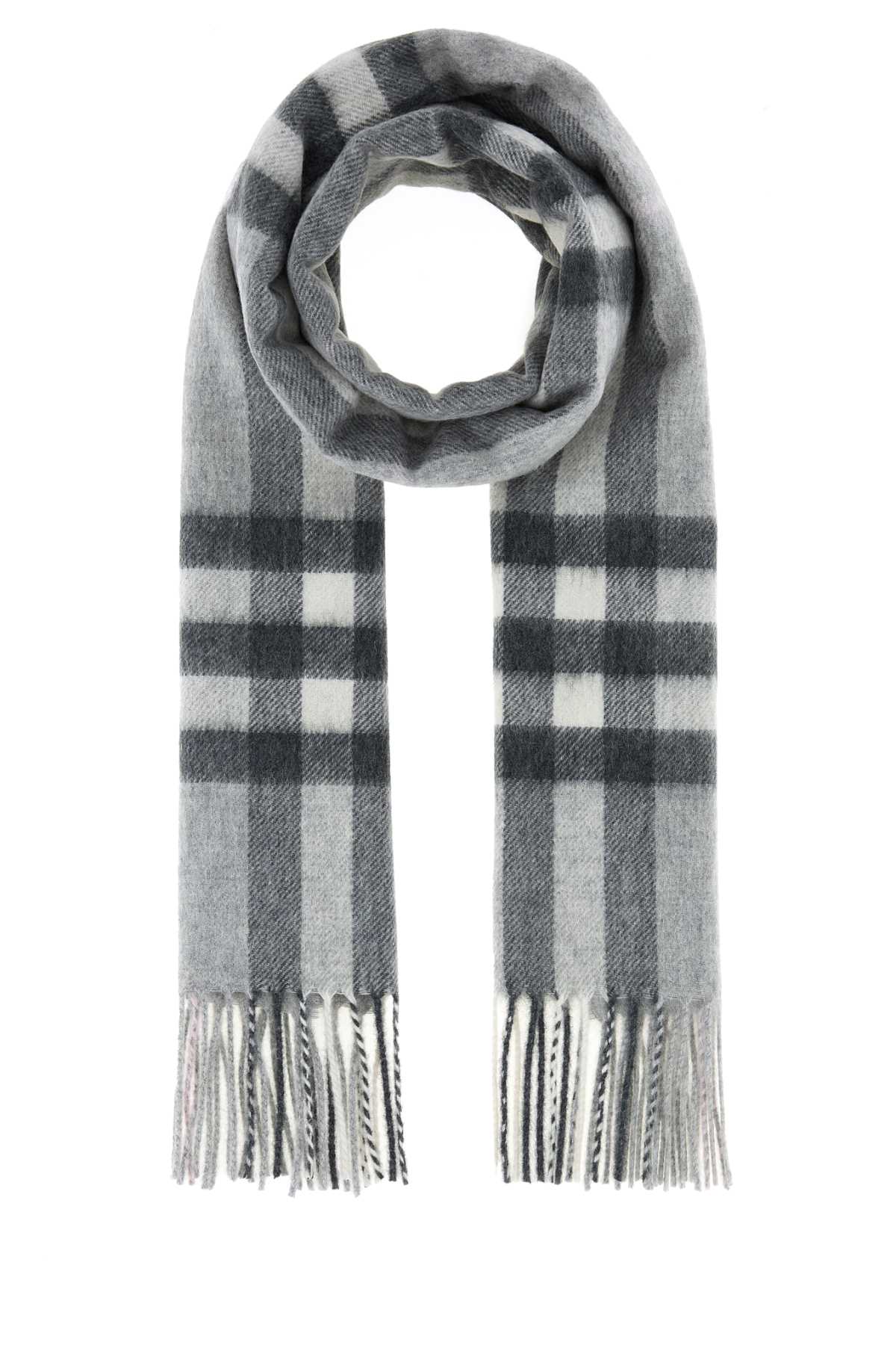 Burberry Cashmere Scarf With Embroidered Checked Pattern In Gray