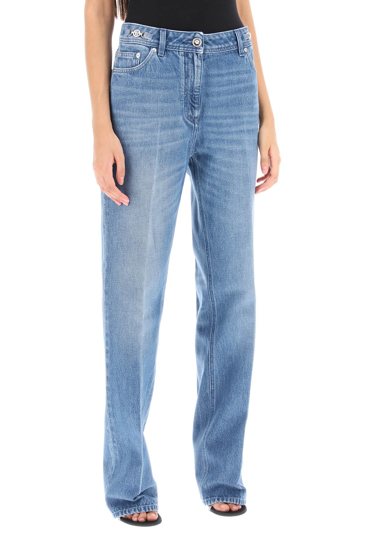 Shop Versace Boyfriend Jeans With Tailored Crease In Medium Blue (blue)