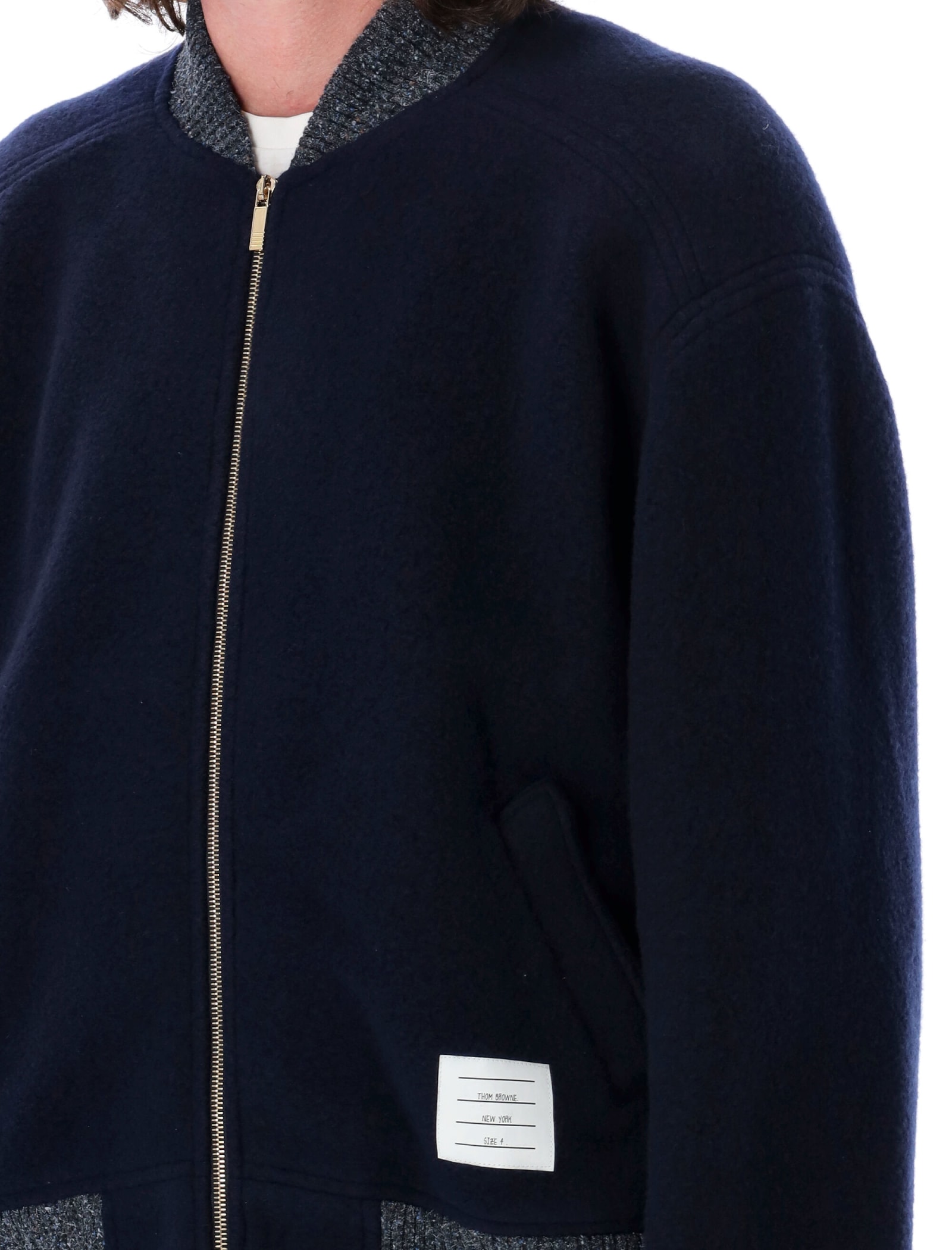 Shop Thom Browne Wool Bomber Jacket With Rwb Stripe In Navy