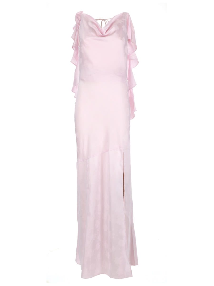 Rotate Birger Christensen Cowl Neck Floor Length Dress Side Slit In Pink
