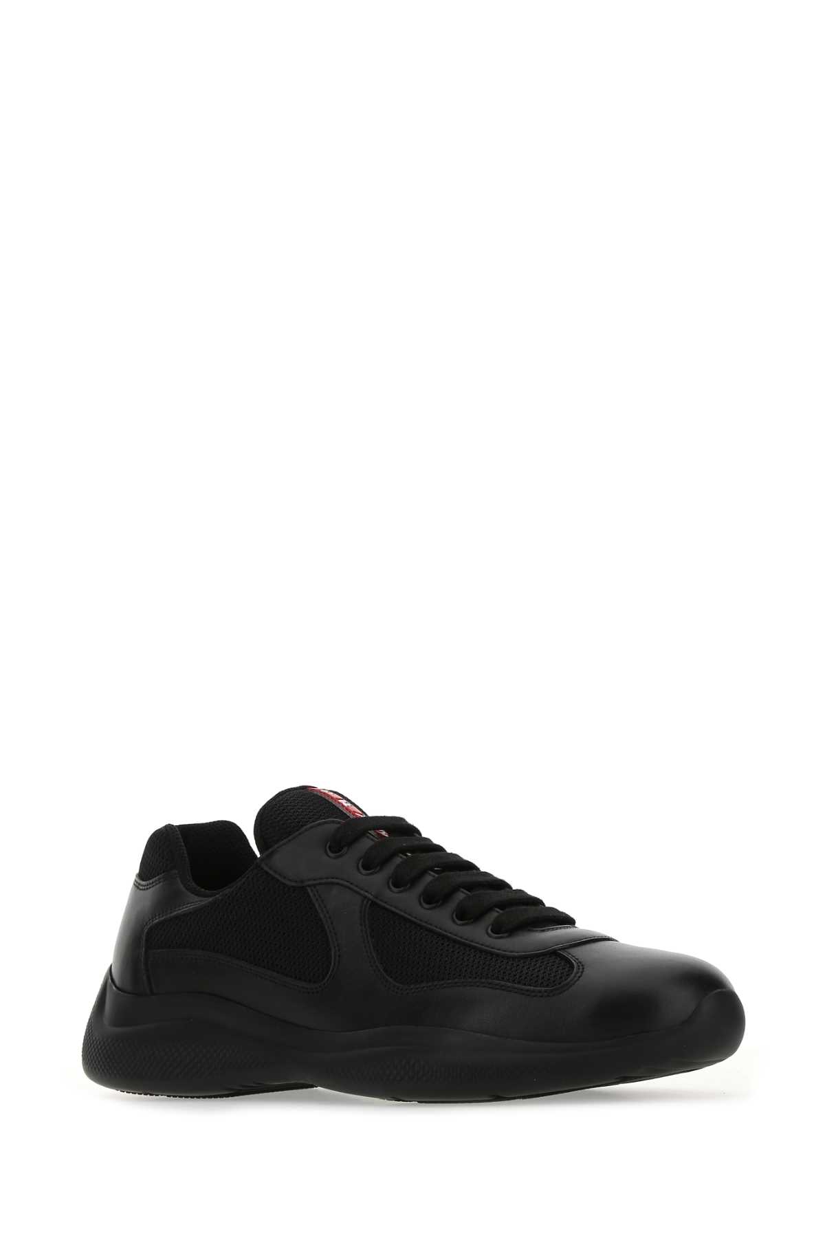 Shop Prada Black Leather And Mesh Sneakers In F0002