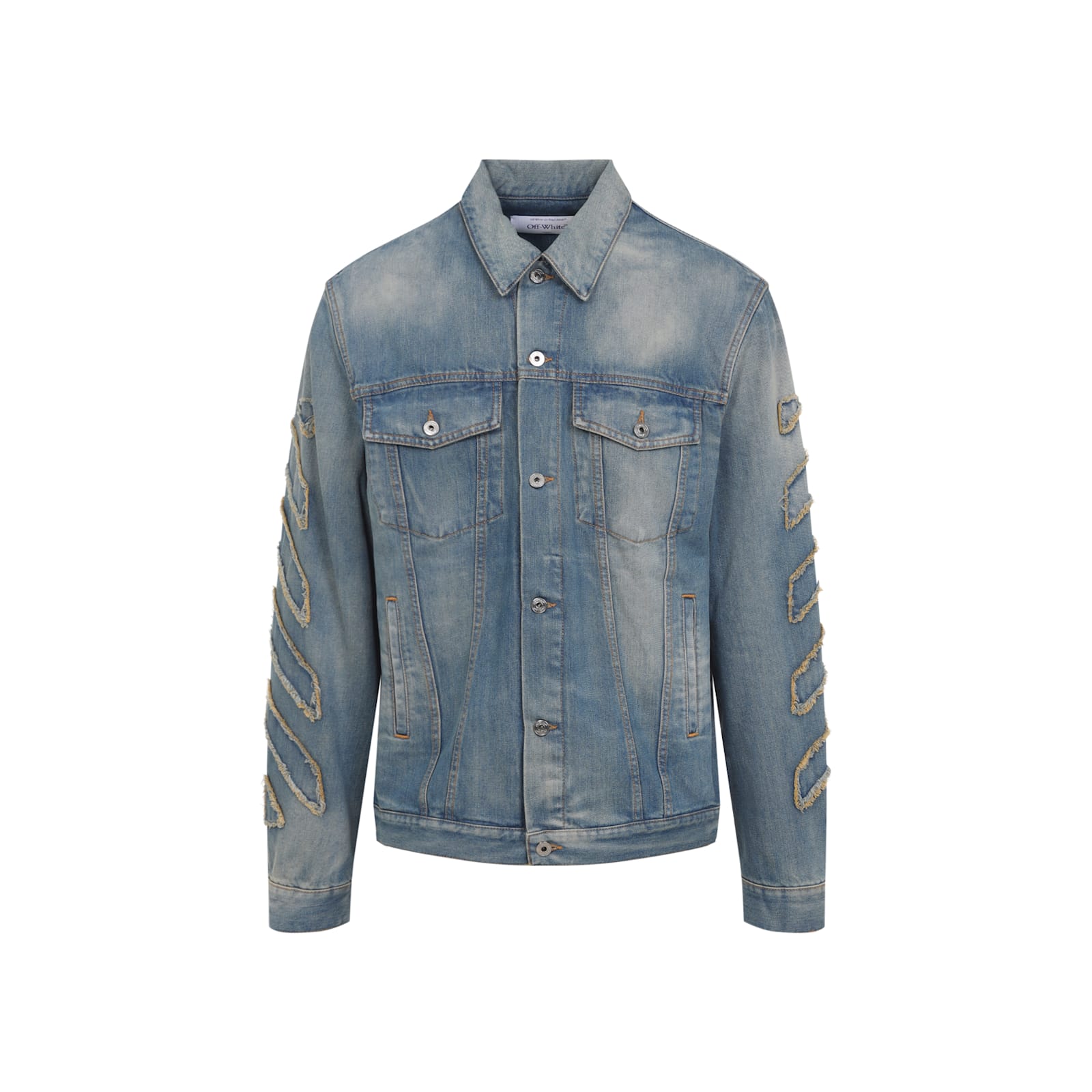 Off-white Denim Jacket With Frayed Diagonal Stripes In Blue