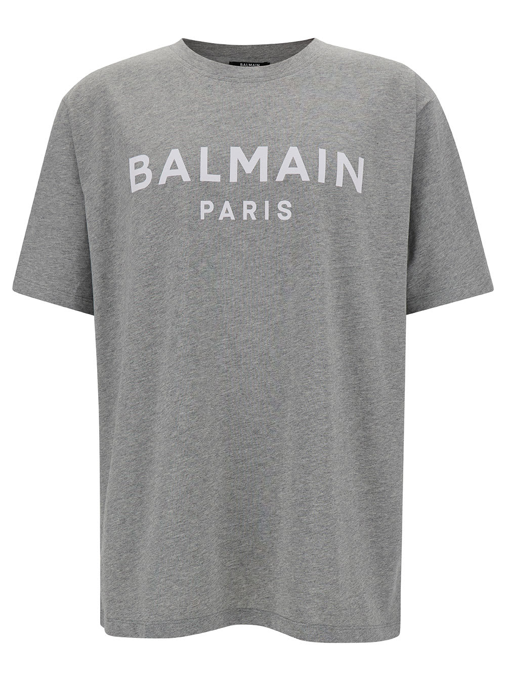 Shop Balmain Grey Crew Neck T-shirt With Logo Print On The Chest In Cotton Man