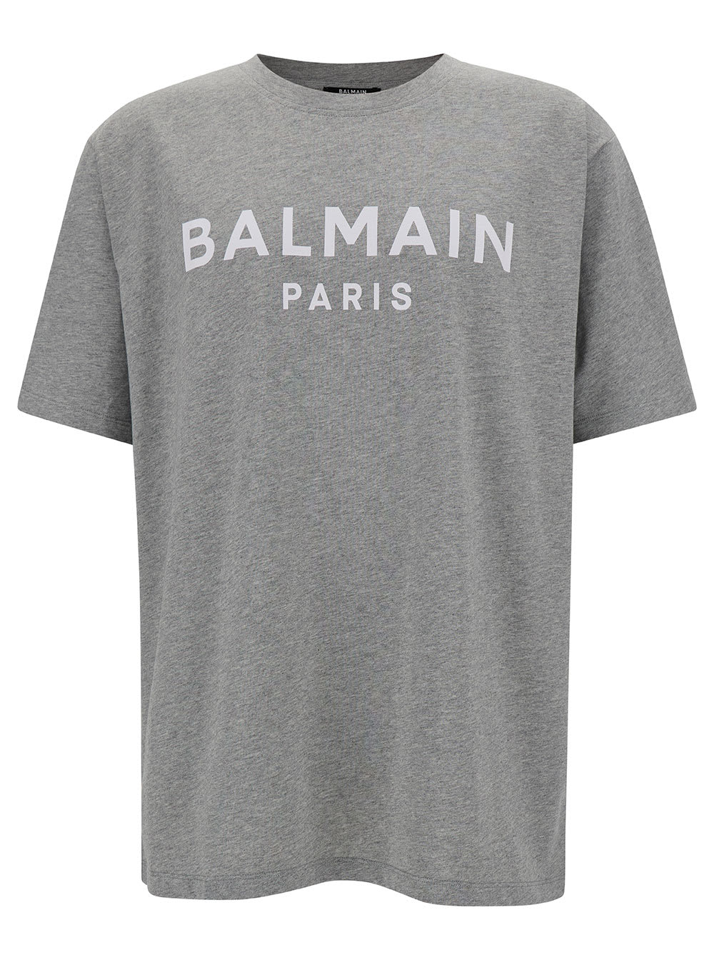 BALMAIN GREY CREW NECK T-SHIRT WITH LOGO PRINT ON THE CHEST IN COTTON MAN