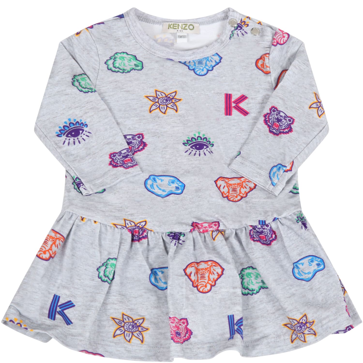 Kenzo Kids Grey Dress For Babygirl With Prints