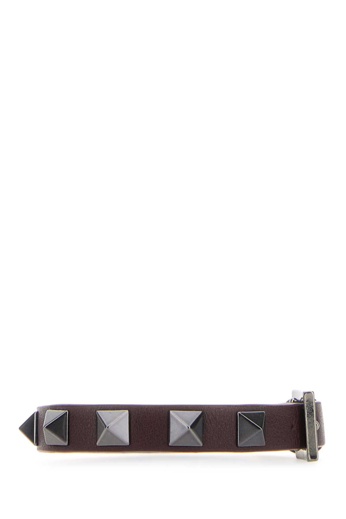 Shop Valentino Dark Brown Leather Rockstud Bracelet In Rubin