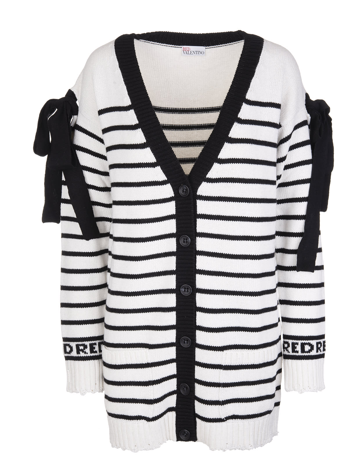 RED Valentino White Cardigan In Wool Blend With Black Stripes And Bows