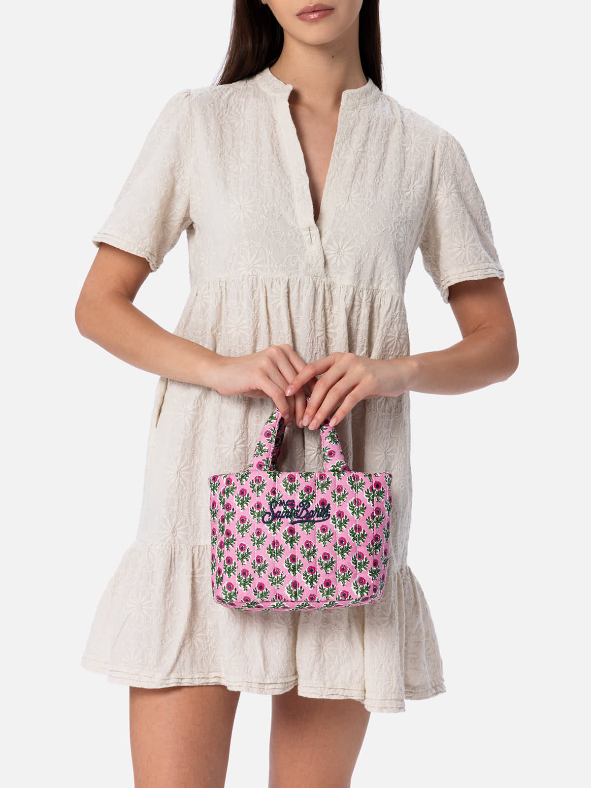 Mc2 Saint Barth Pink Flower Quilted Soft Tote Mini Bag In Pink