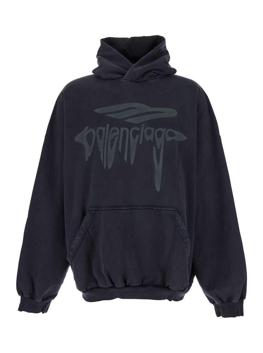 Balenciaga 3b Liquified Black Hooded Sweatshirt With Front Logo In Cotton Man In Black