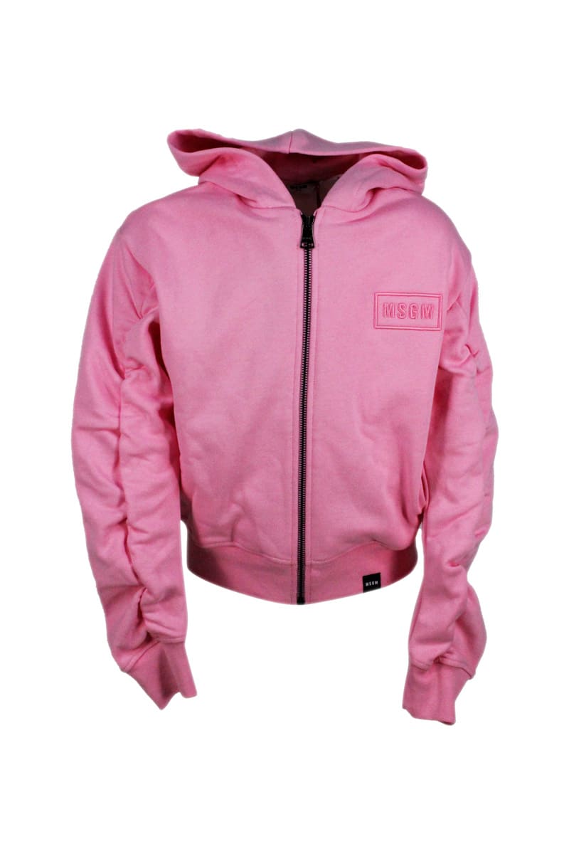 Shop Msgm Cotton Sweatshirt With Hood With Side Pockets, Zip Closure And Writing In Pink