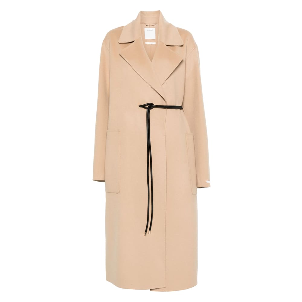 Sportmax Long Coat With Belted Waist And Pockets In Brown