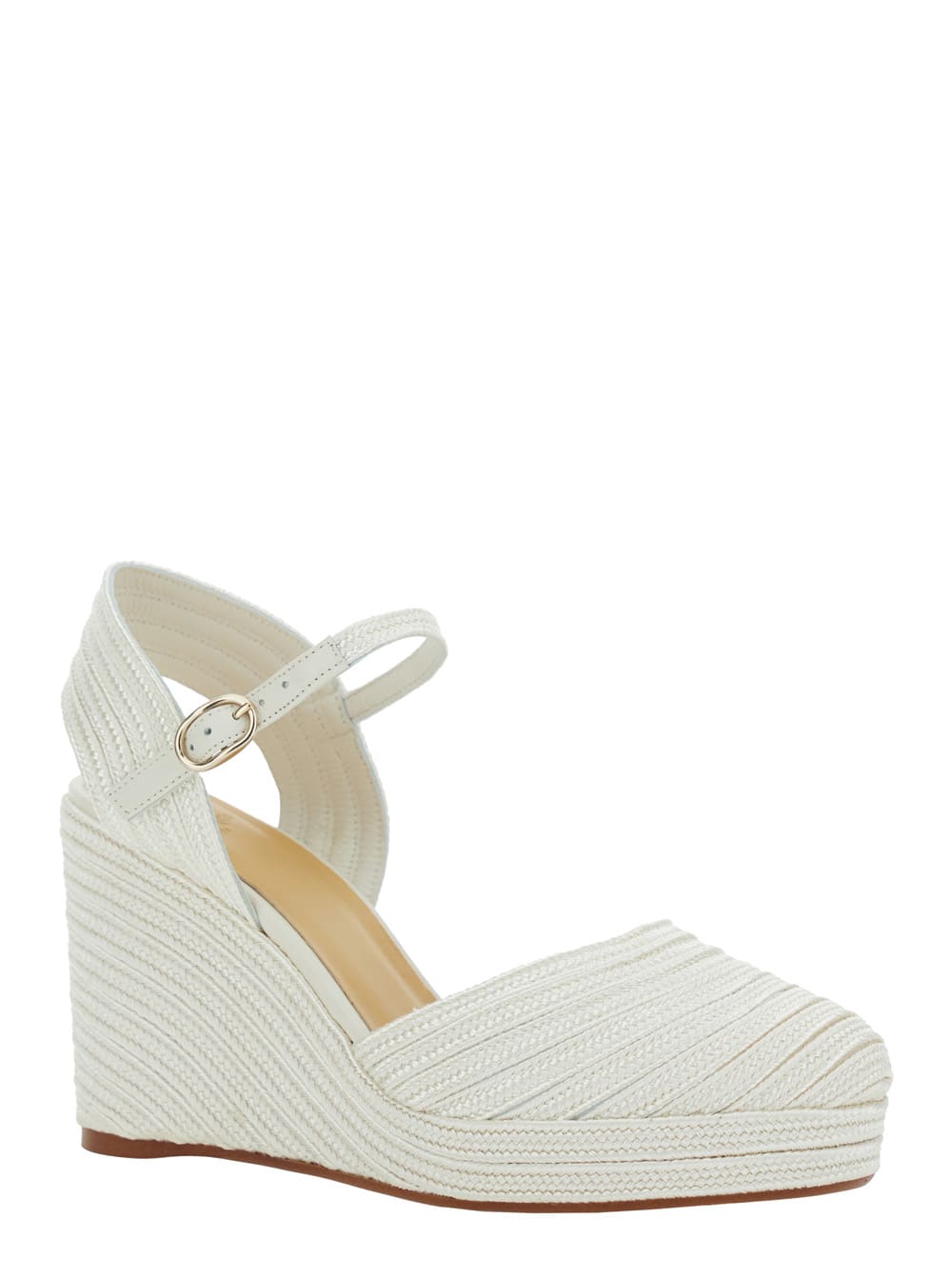 Shop Castaã±er Carolyn White Wedges With Strap In Metallic Raffia Woman