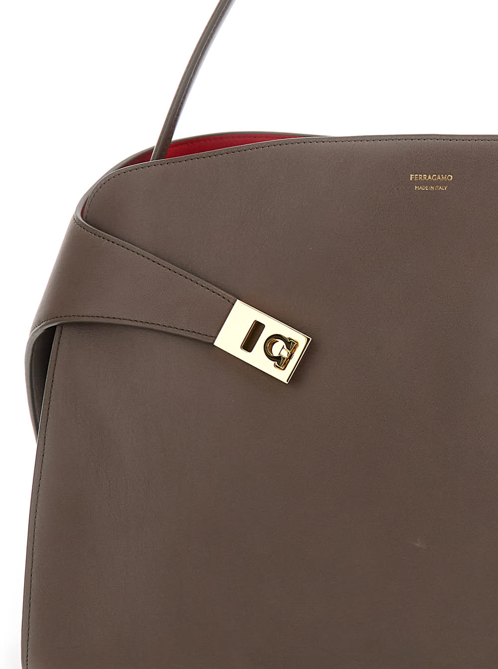 FERRAGAMO HUG GREY SHOULDER BAG WITH LOGO PRINTED ON FRONT IN LEATHER WOMAN