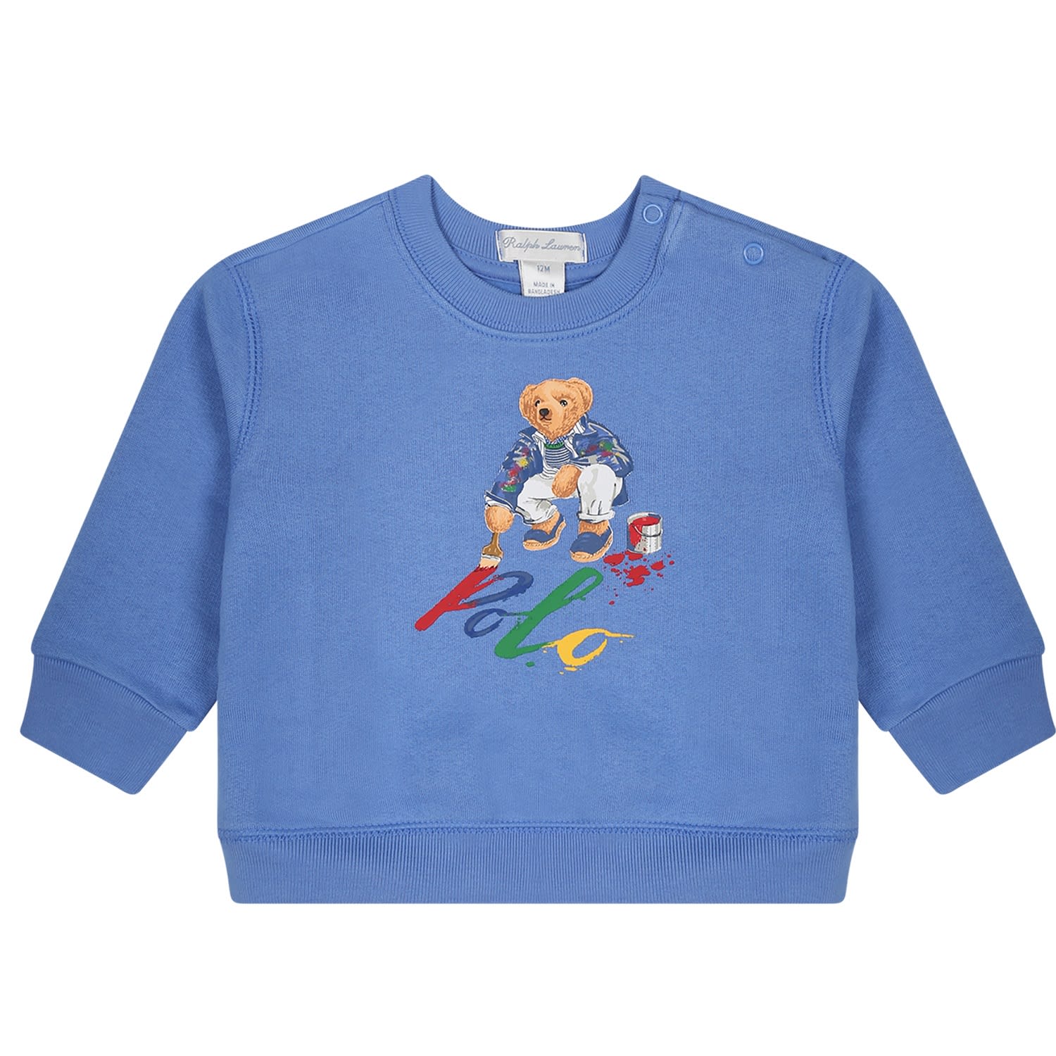 Shop Ralph Lauren Light Blue Sweatshirt For Baby Boy With Polo Bear