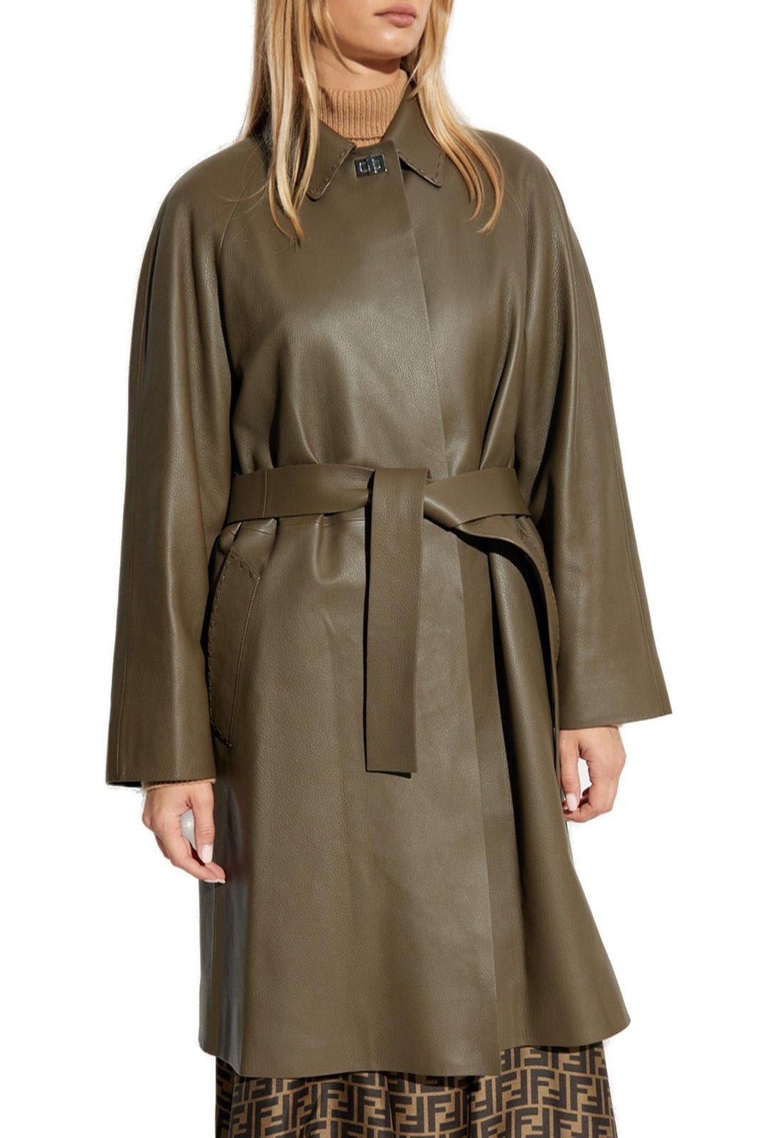 Shop Fendi Leather Overcoat In Wood