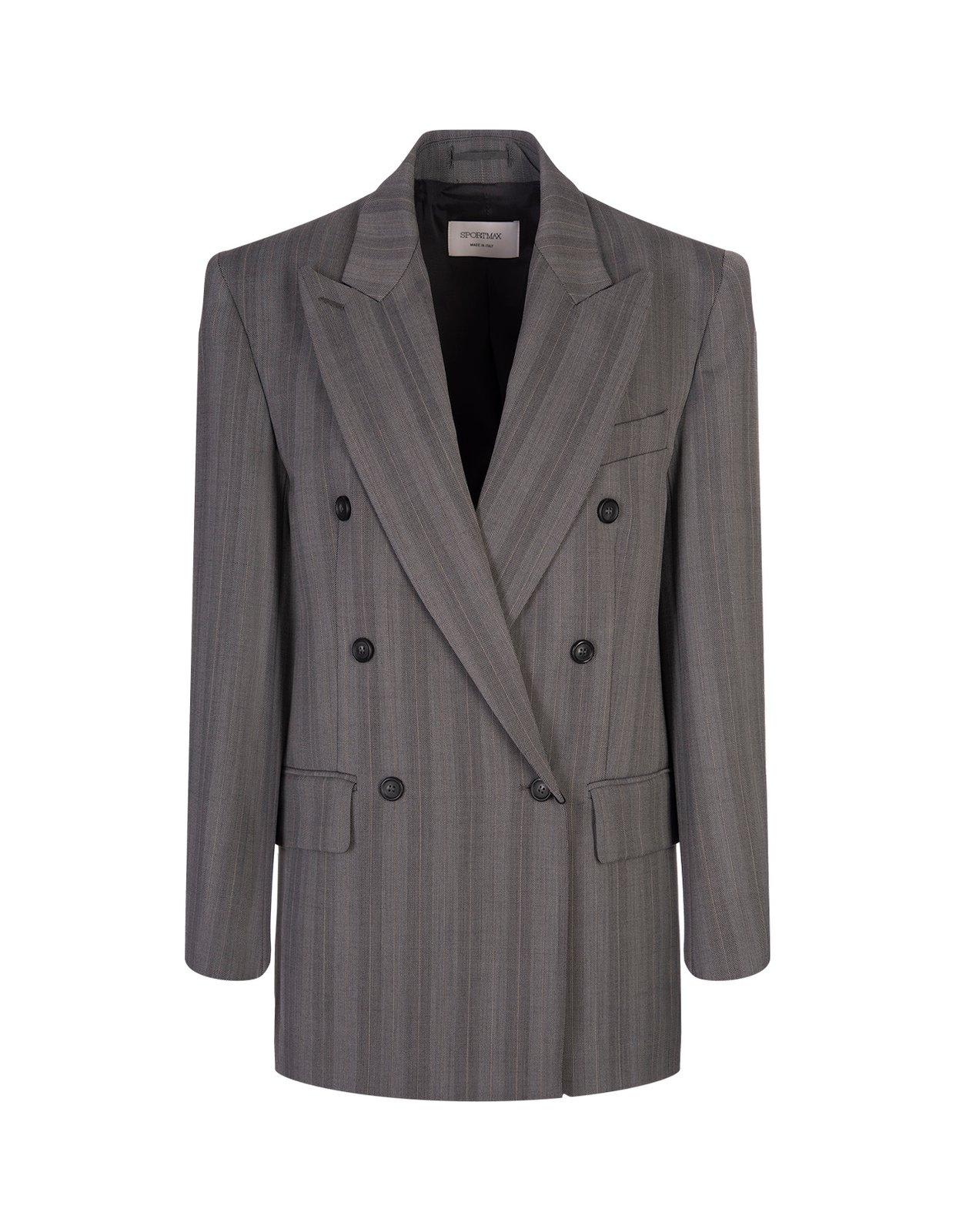 Shop Sportmax Striped Double-breasted Long-sleeved Jacket In Grey