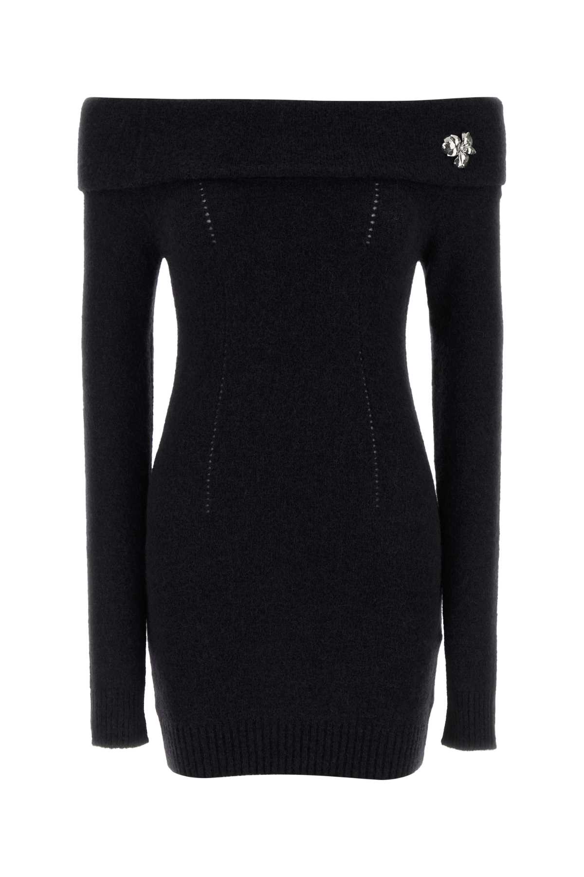 Blumarine Black Alpaca Blend Off-the-shoulder Mini Dress In Black