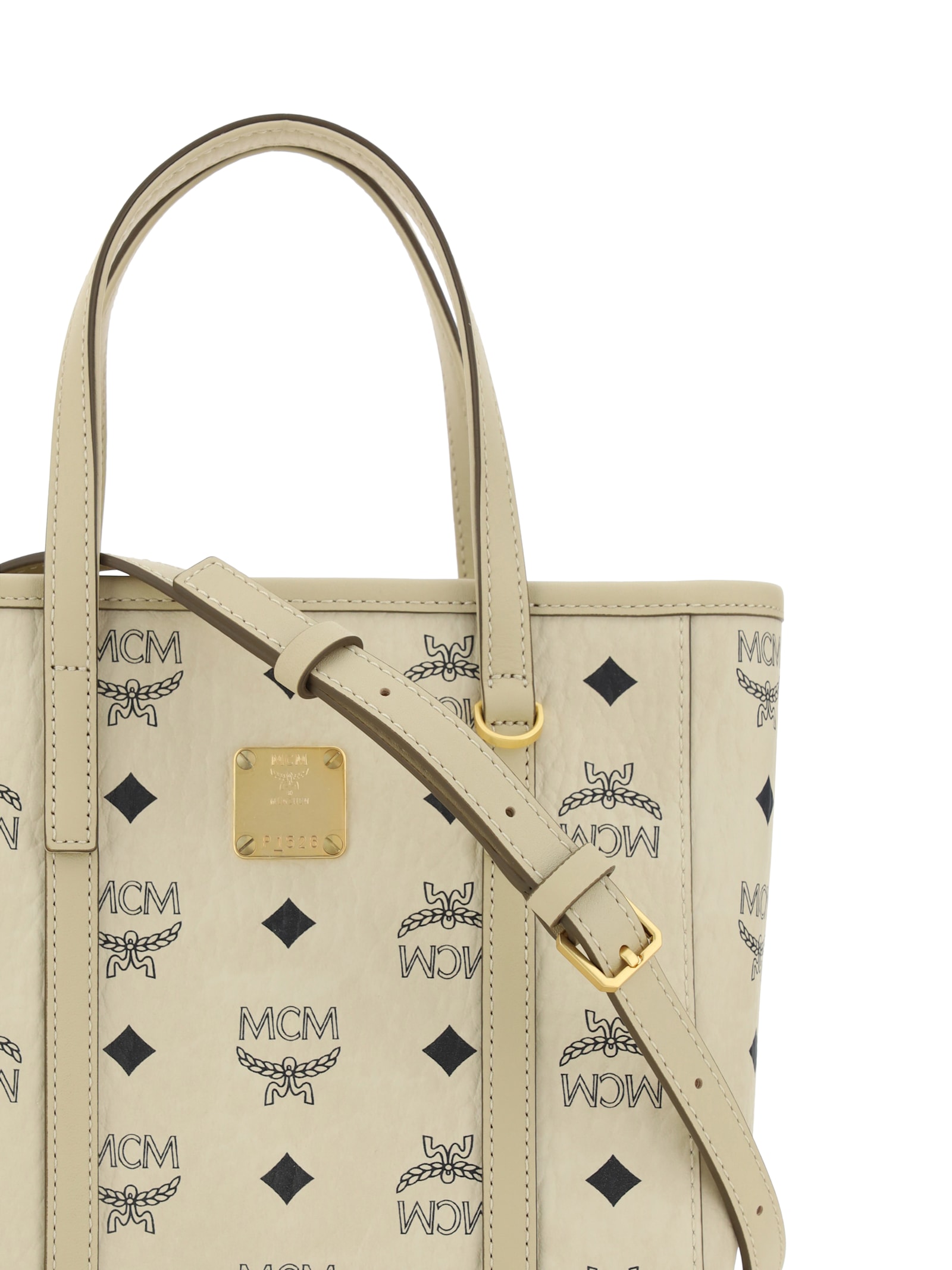 Shop Mcm Shopper Bag Mini In Beige+black Logo