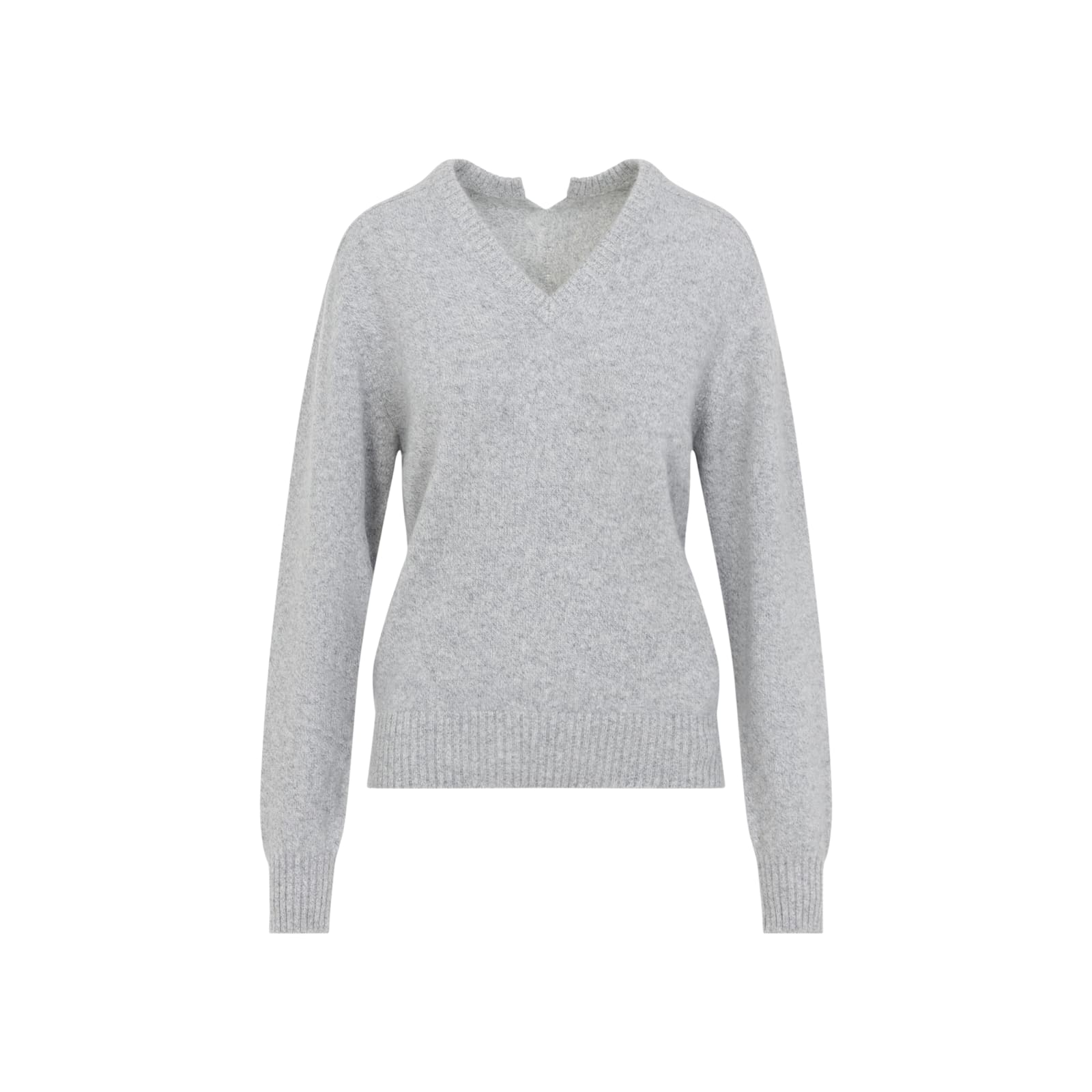 Carven V-neck Cashmere Knit Sweater With Ribbed Hem In Gray