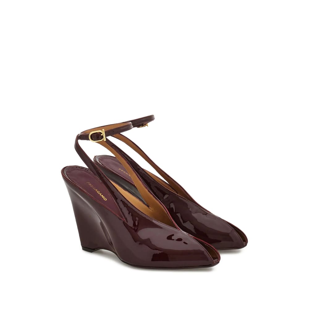Ferragamo Peep Toe Wedge Sandals In Bordeaux In Purple