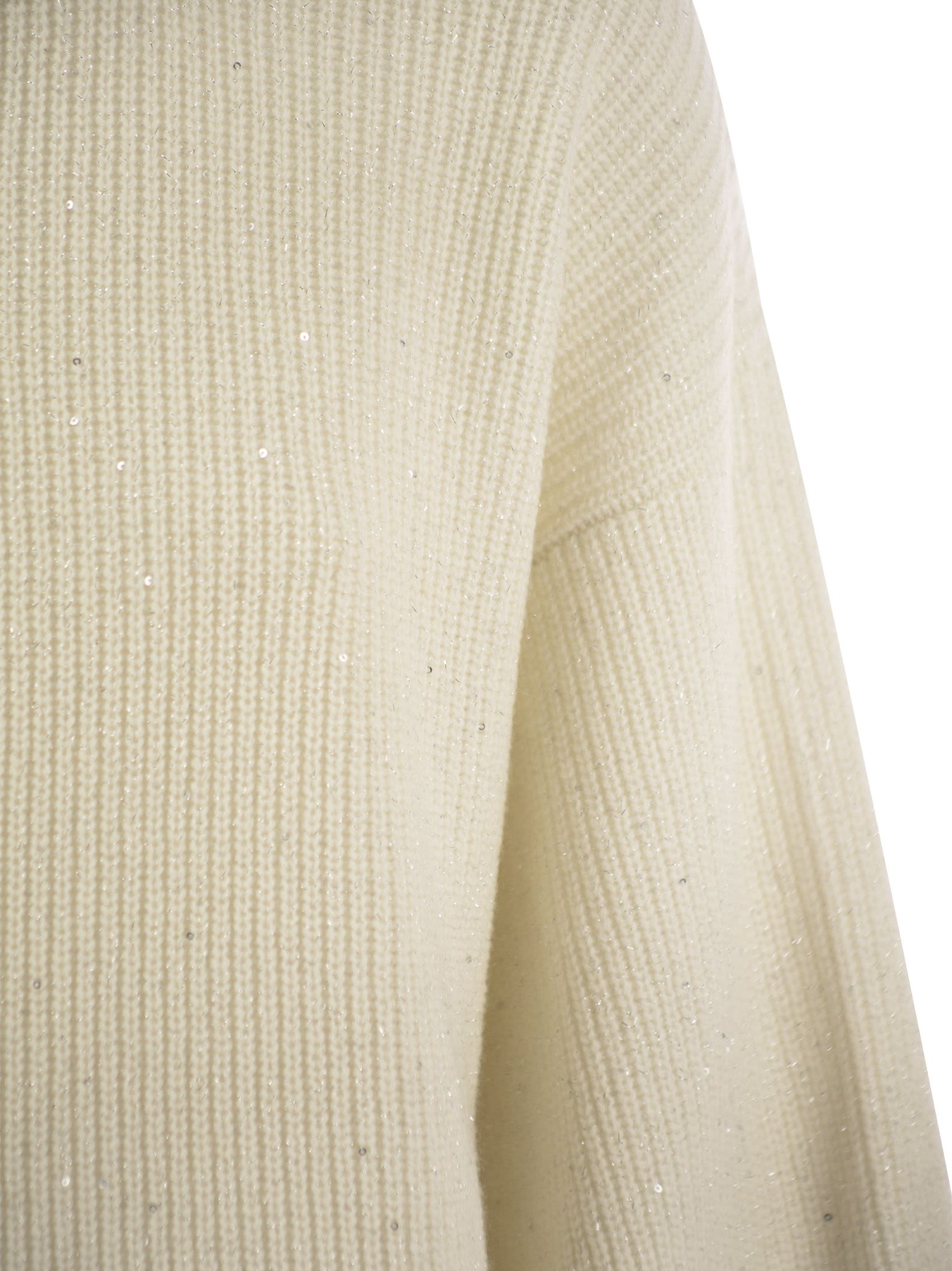 Shop Brunello Cucinelli Wool And Cashmere Rib Sweater With Sequins In Cream