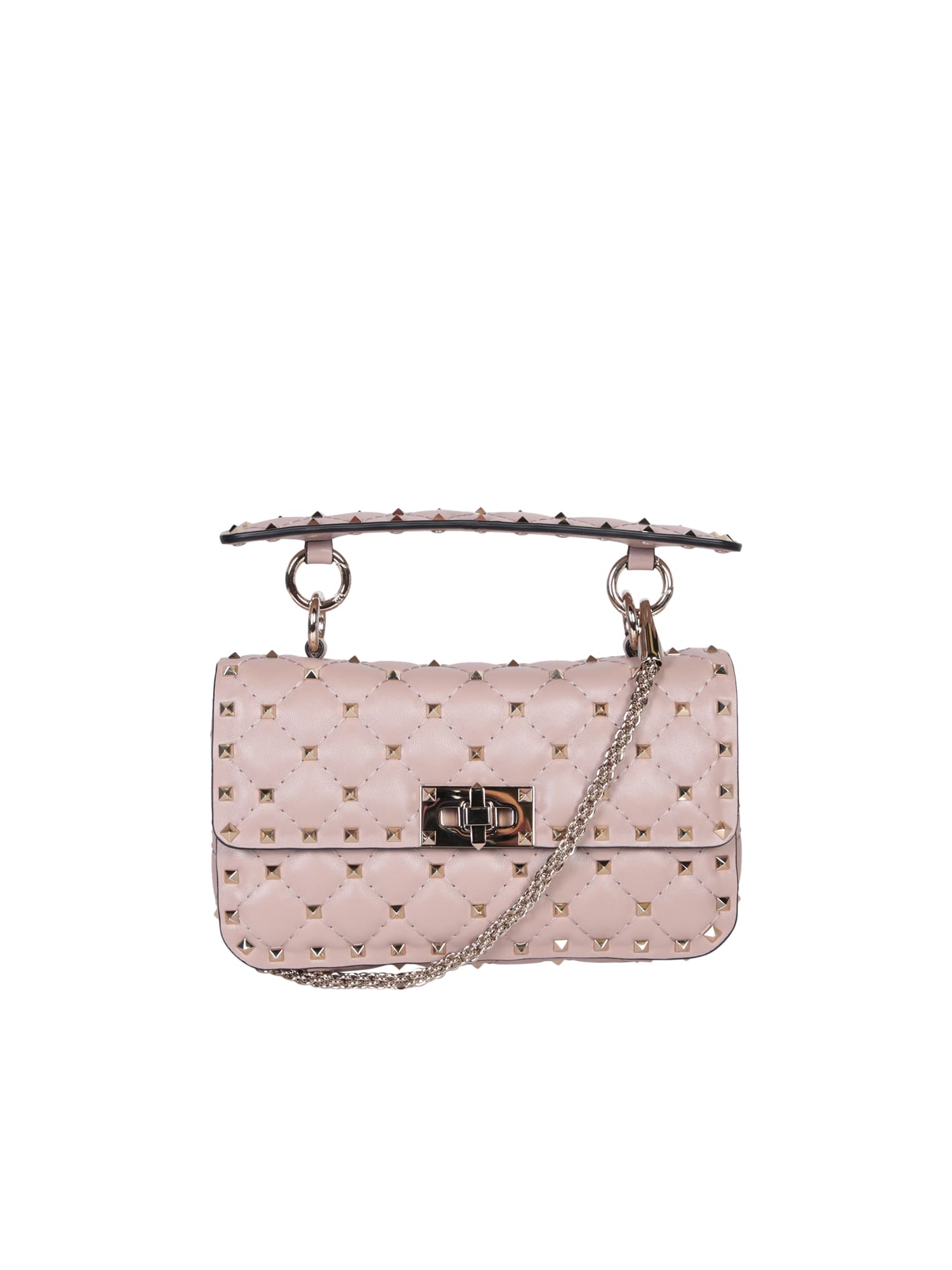 Valentino Beige Leather Small Rockstud Spike Top Handle Bag In Pink