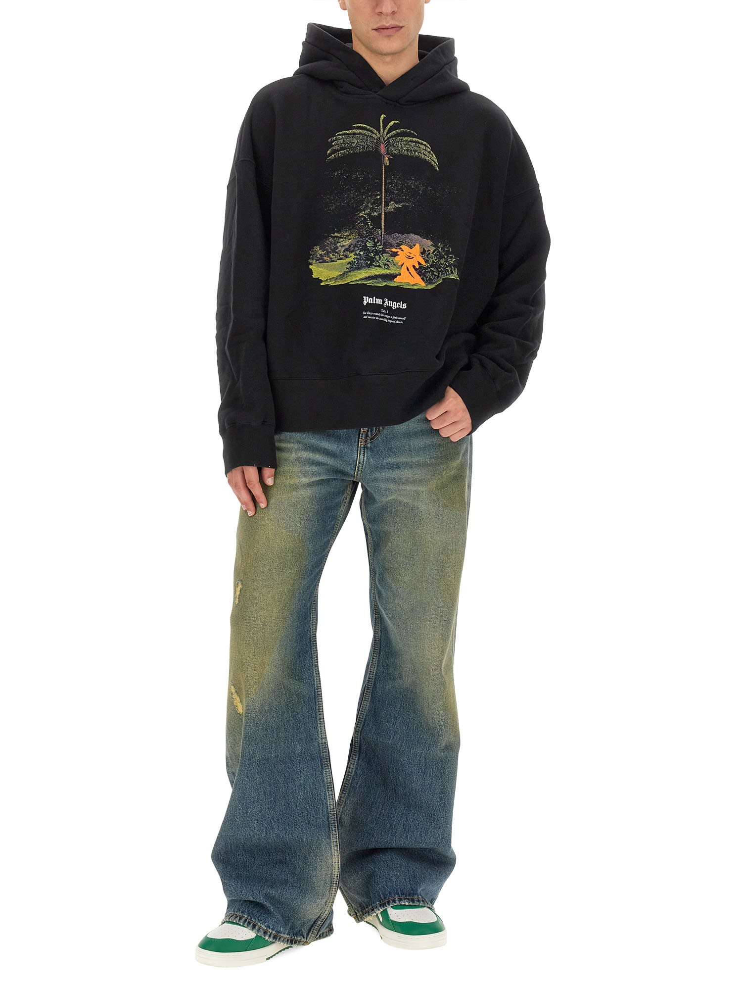 Palm Angels Enzo Graphic Print Hoodie With Ribbed Finish In Black/orange