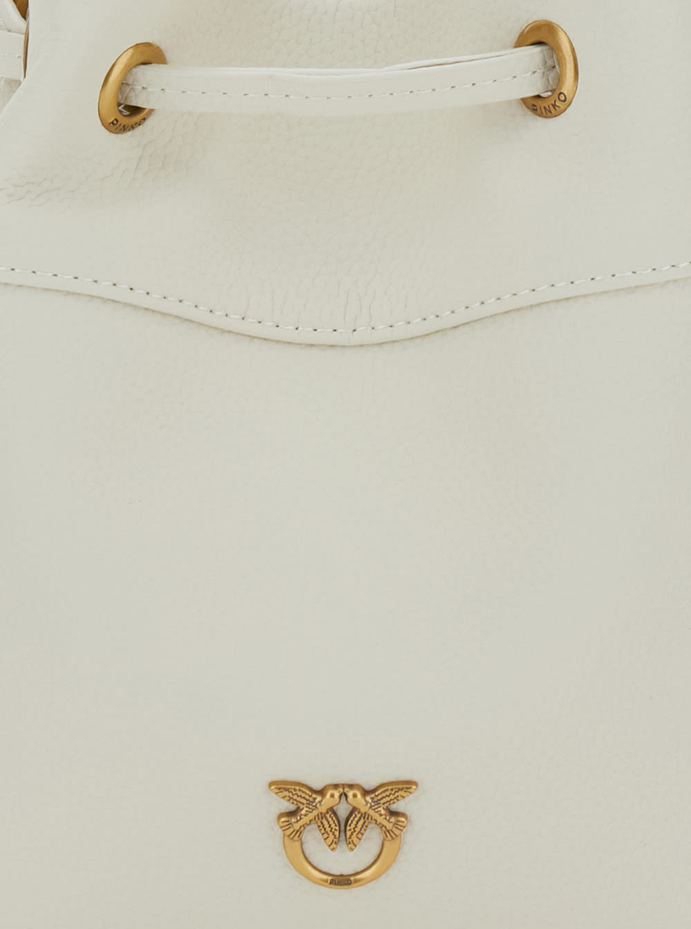 Pinko White Mini Bucket Bag With Metallic Love Birds Logo On The Front In Hammered Leather Woman In Bianco Seta-antique Gold