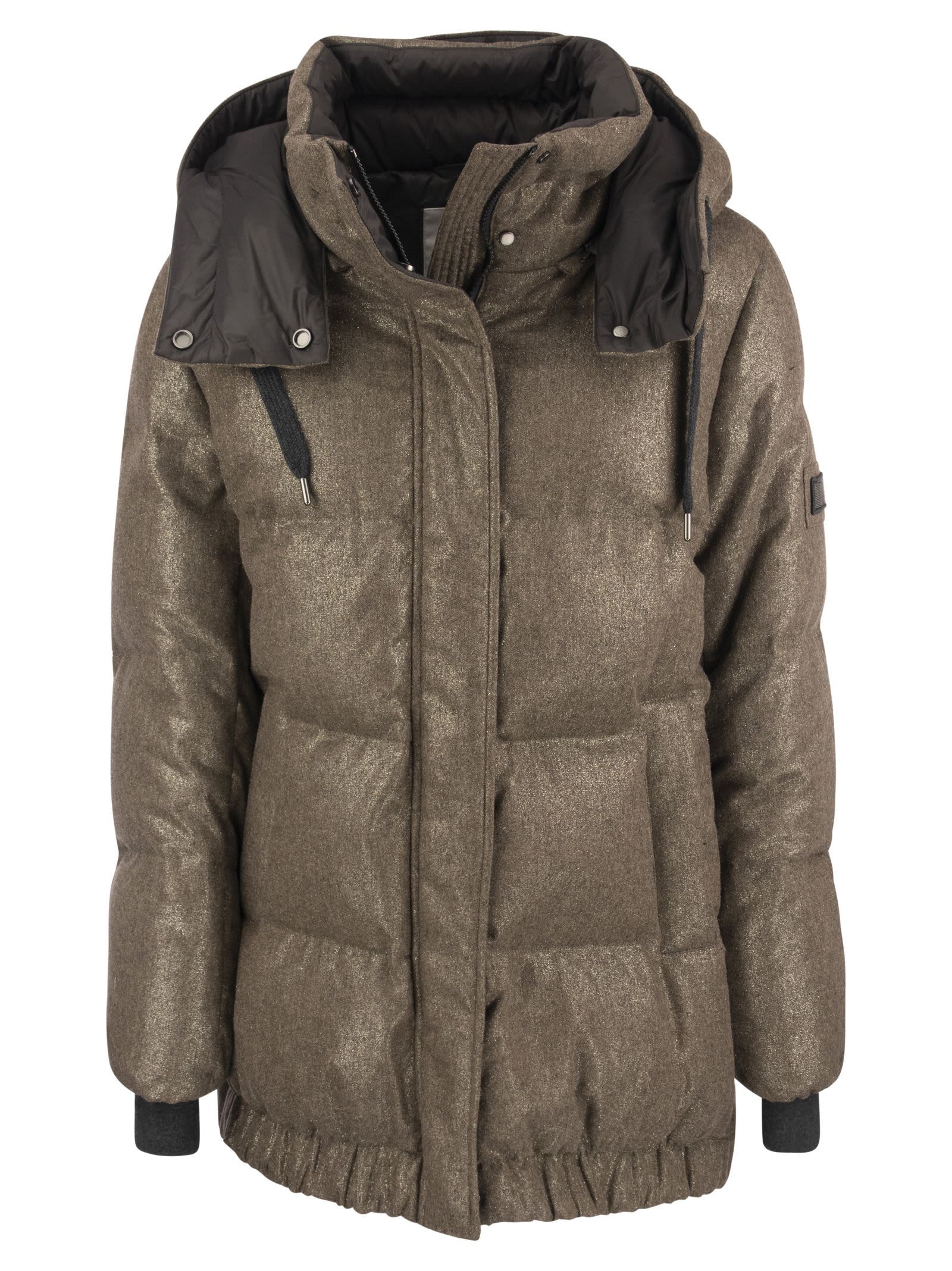 Brunello Cucinelli Down Jacket In Techno Lamé Wool With Detachable Hood And precious Patch.