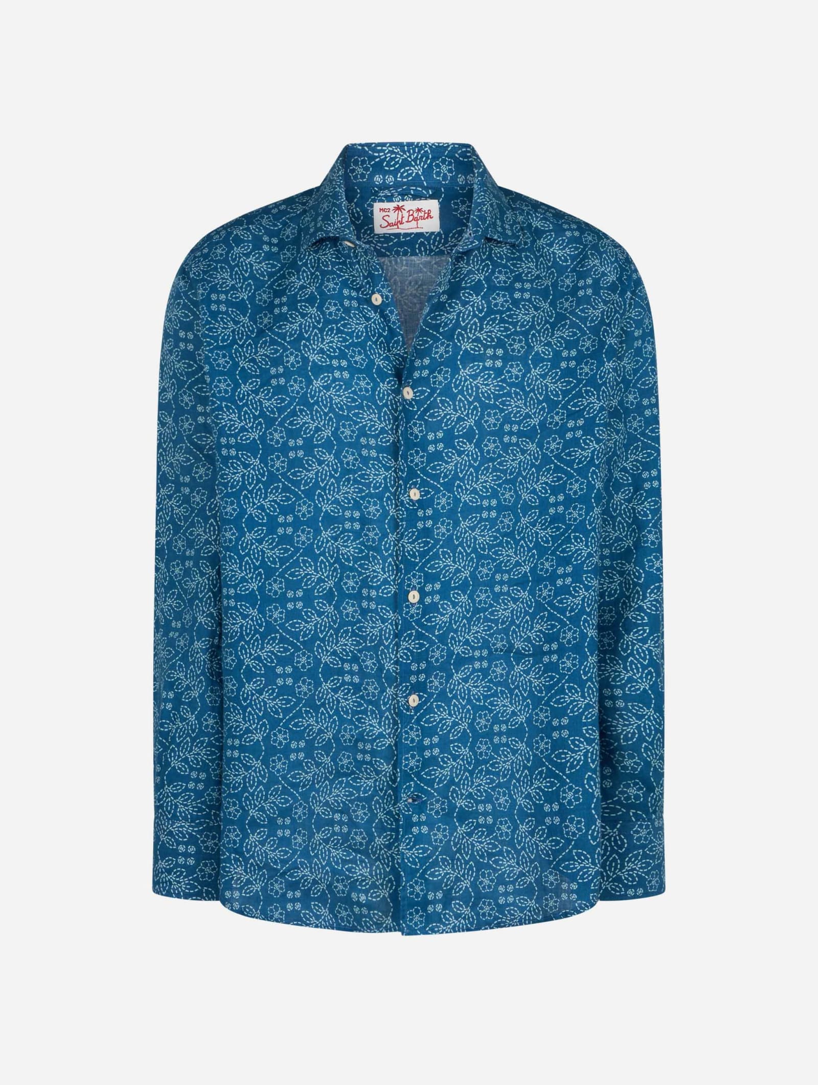 Shop Mc2 Saint Barth Man Navy Blue Linen Shirt Pamplona With Sashiko Print