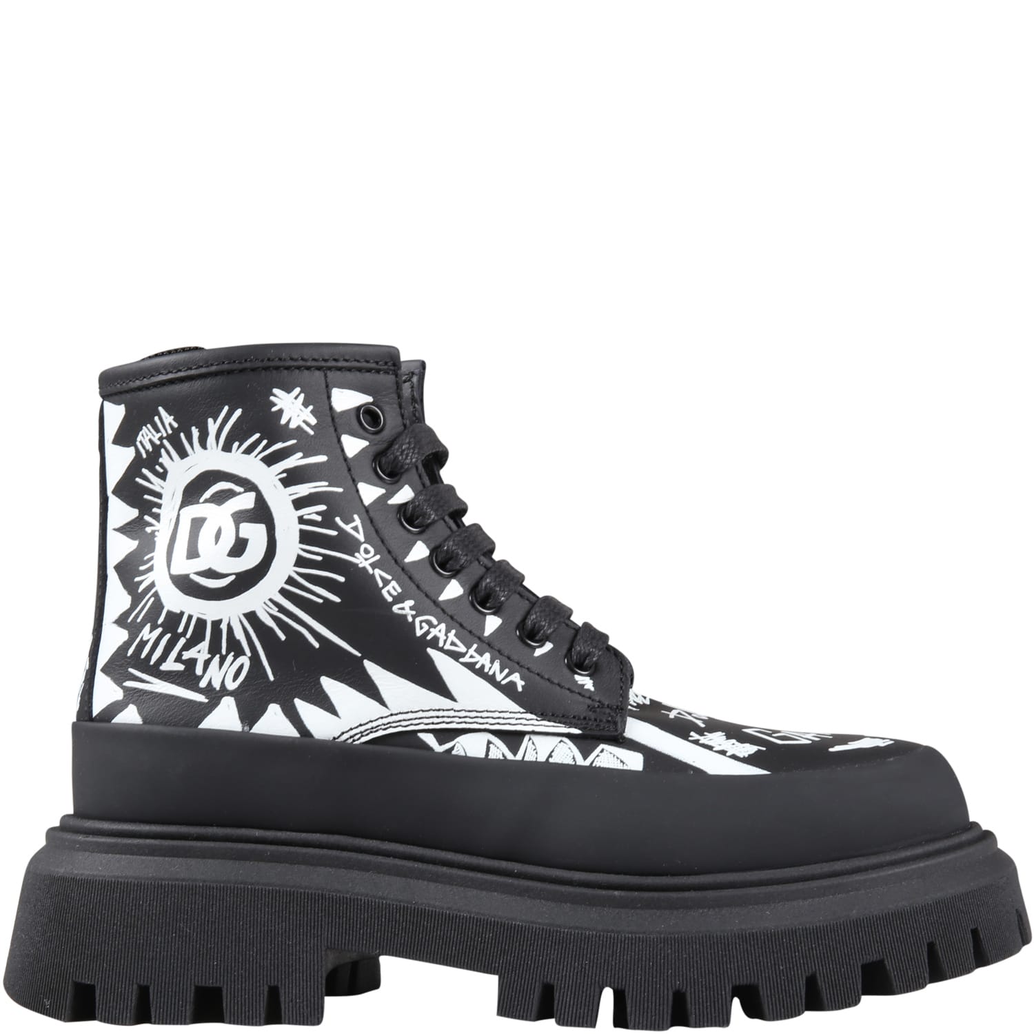 Dolce & Gabbana Black Boots For Kids Wit White Logo