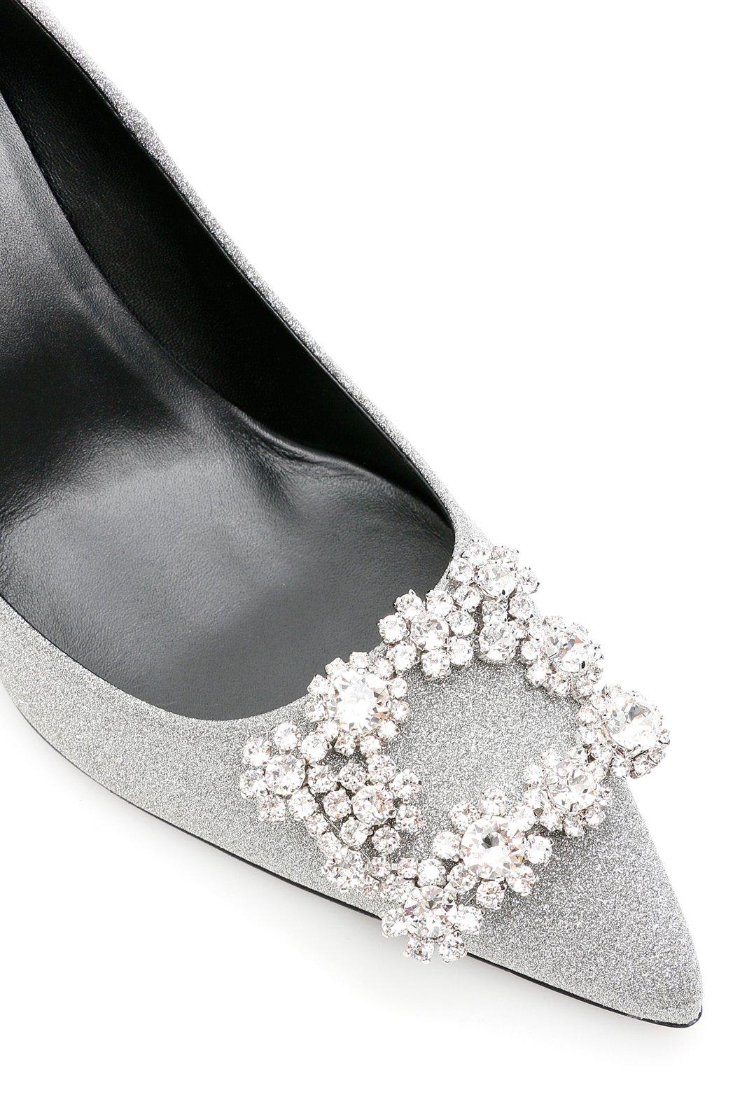 Shop Roger Vivier Flower Buckle Pointed Toe Pumps In Silver