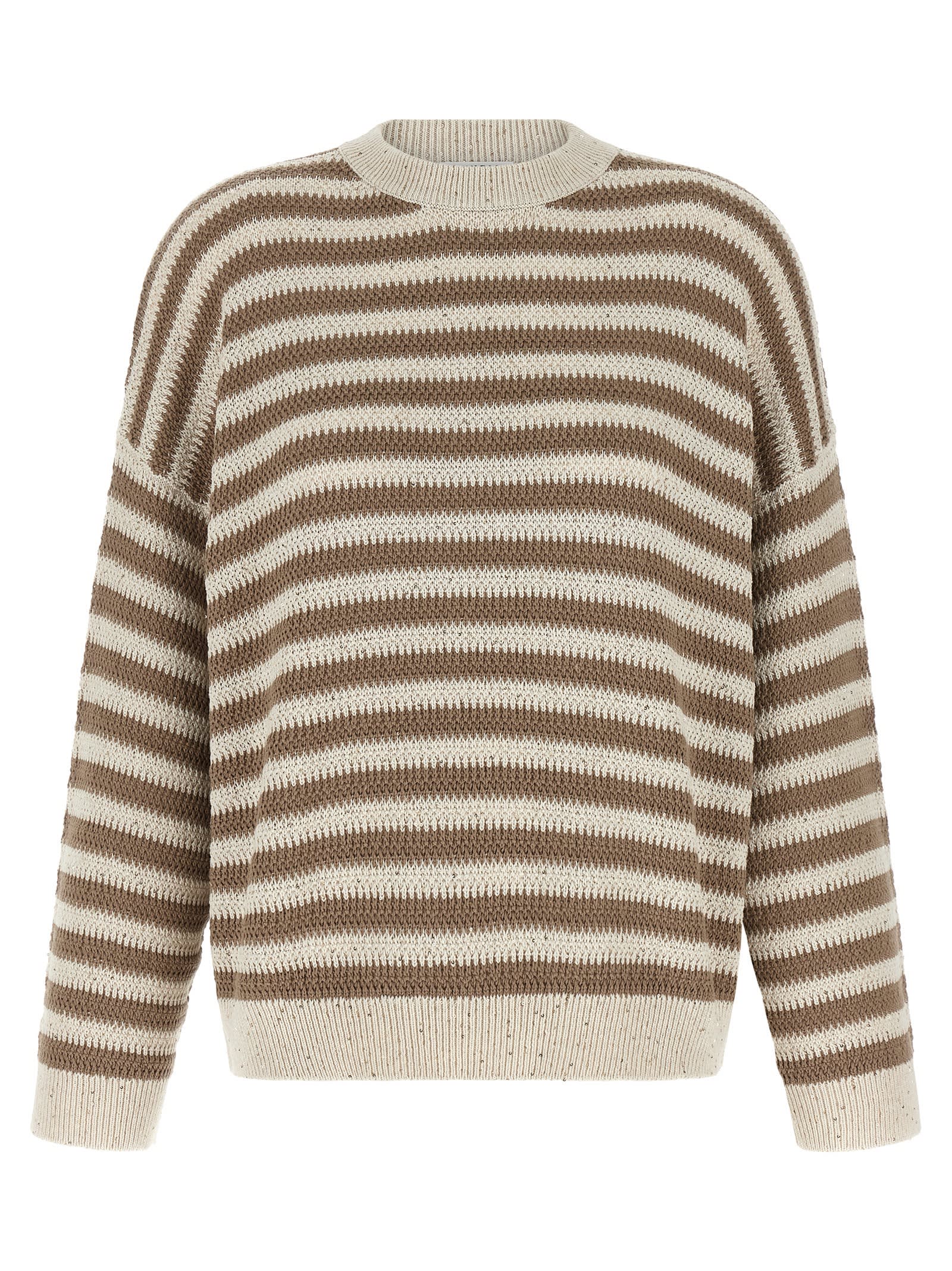 Brunello Cucinelli Sequin-embellished Striped Cotton-blend Sweater In Nude