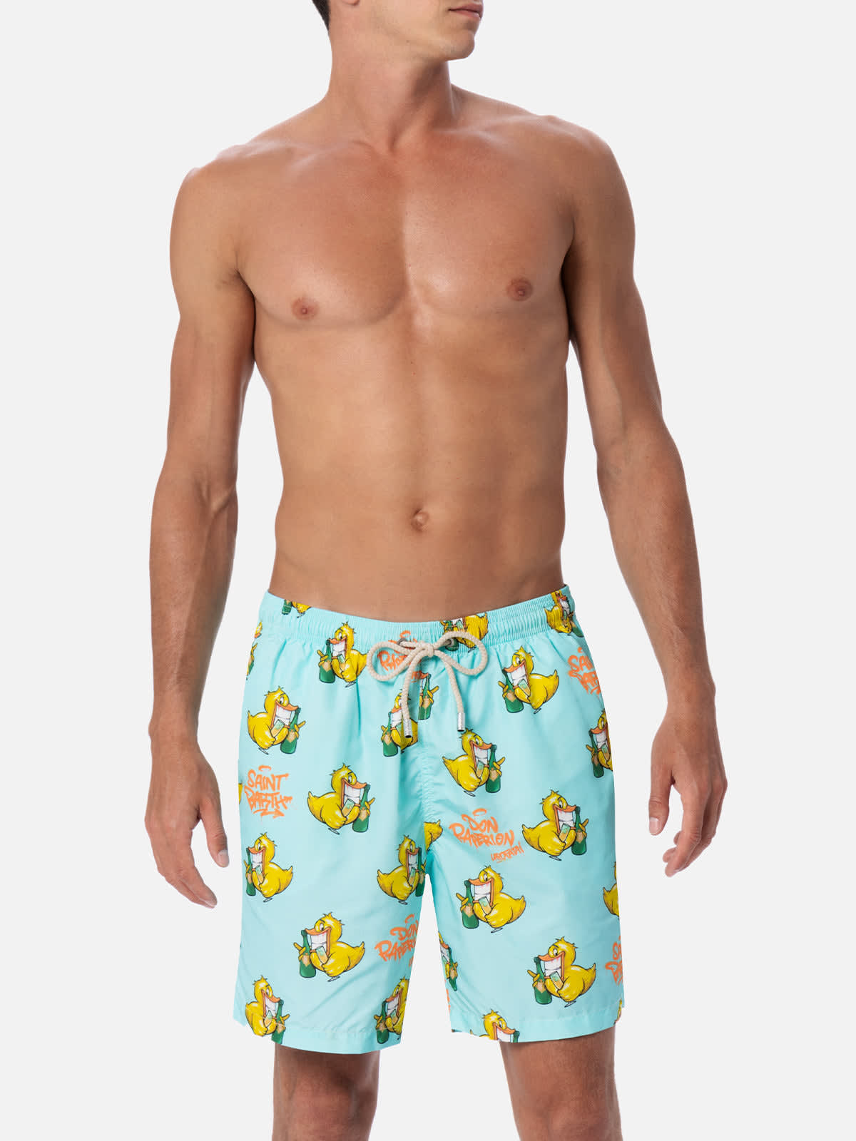 Shop Mc2 Saint Barth Man Lightweight Fabric Swim-shorts Lighting With Cryptopuppets Print Cryptopuppets Special Edition In Green