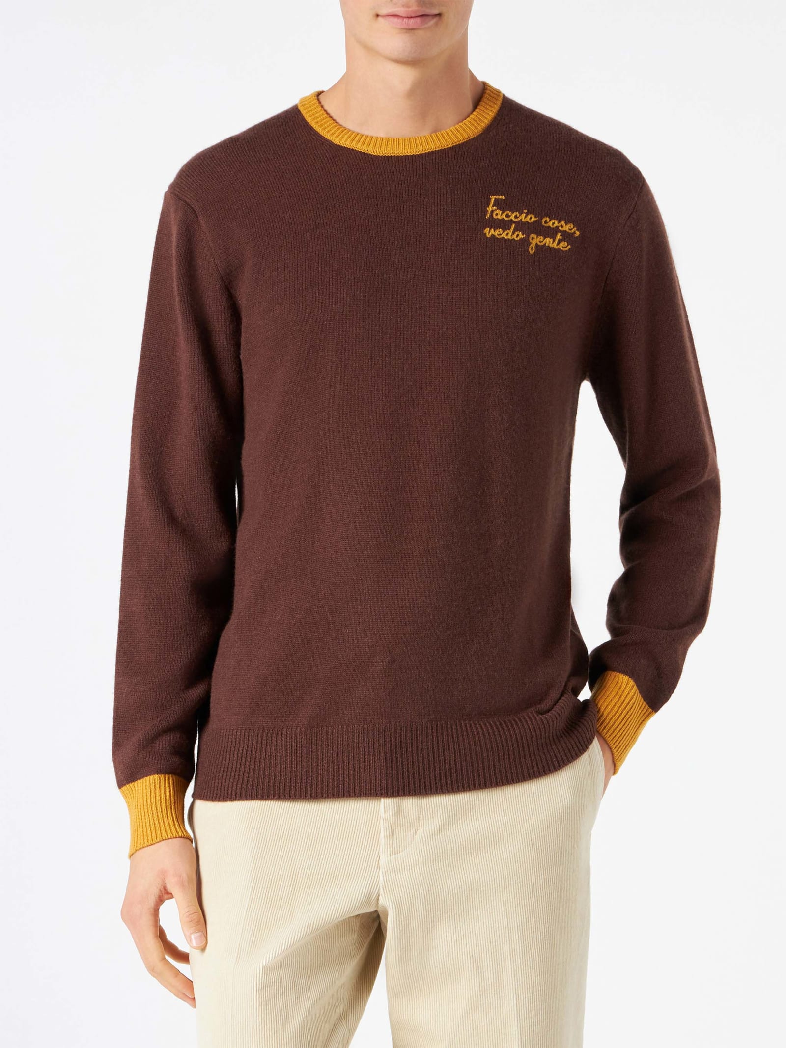MC2 Saint Barth Man Brown Sweater With Faccio Cose, Vedo Gente Embroidery