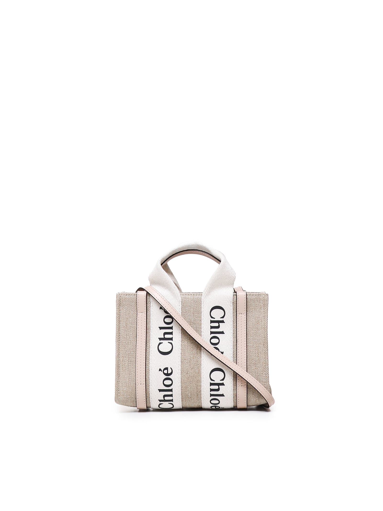 Shop Chloé Small Wooden Bag In Linen Canvas In Cement Pink