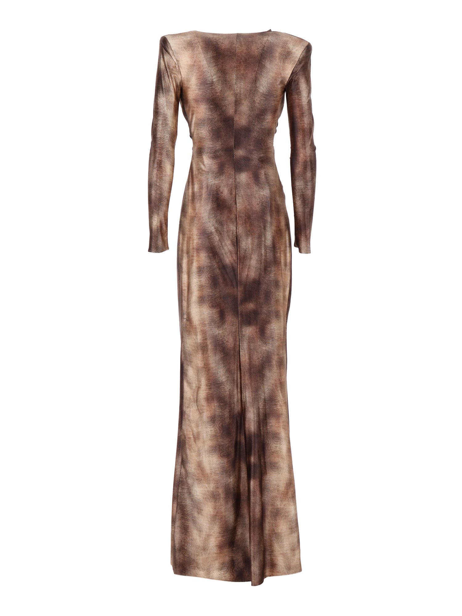 Elisabetta Franchi Emerald Python Print Deep V-neck Evening Dress In Brown