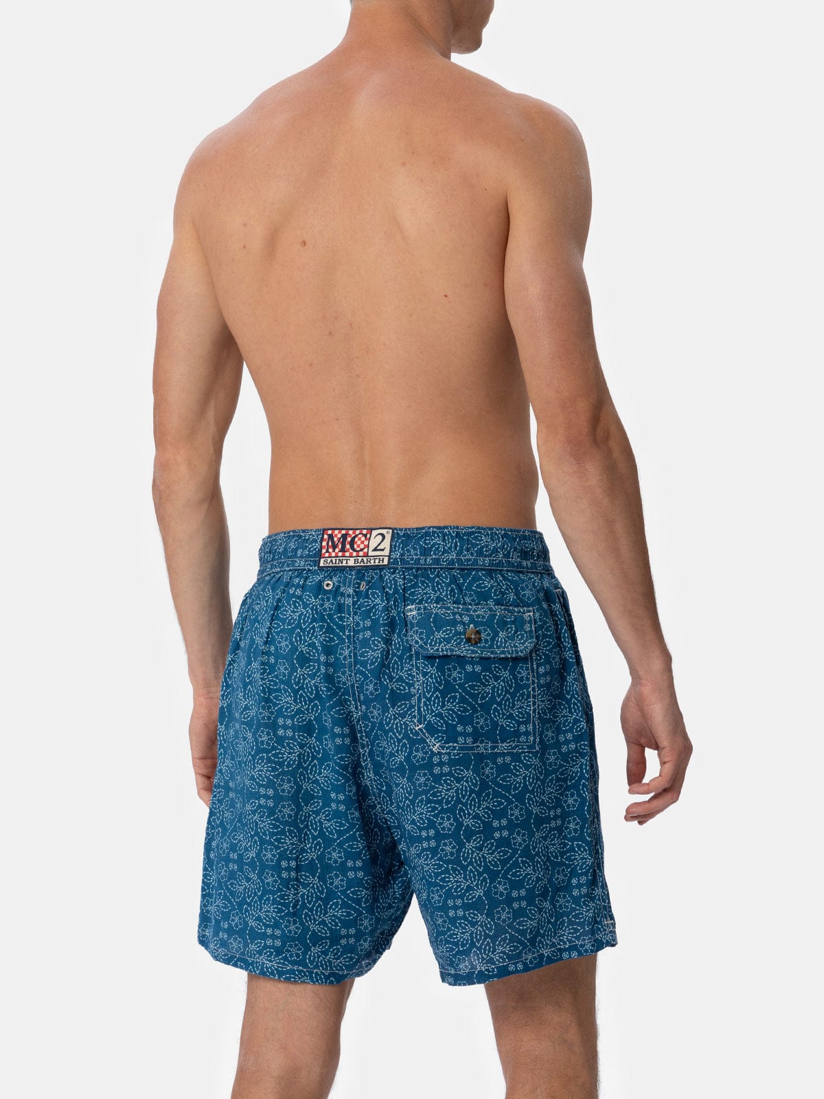 MC2 SAINT BARTH MAN MID-LENGTH LINEN SWIM-SHORTS GUSTAVIA WITH SASHIKO PRINT