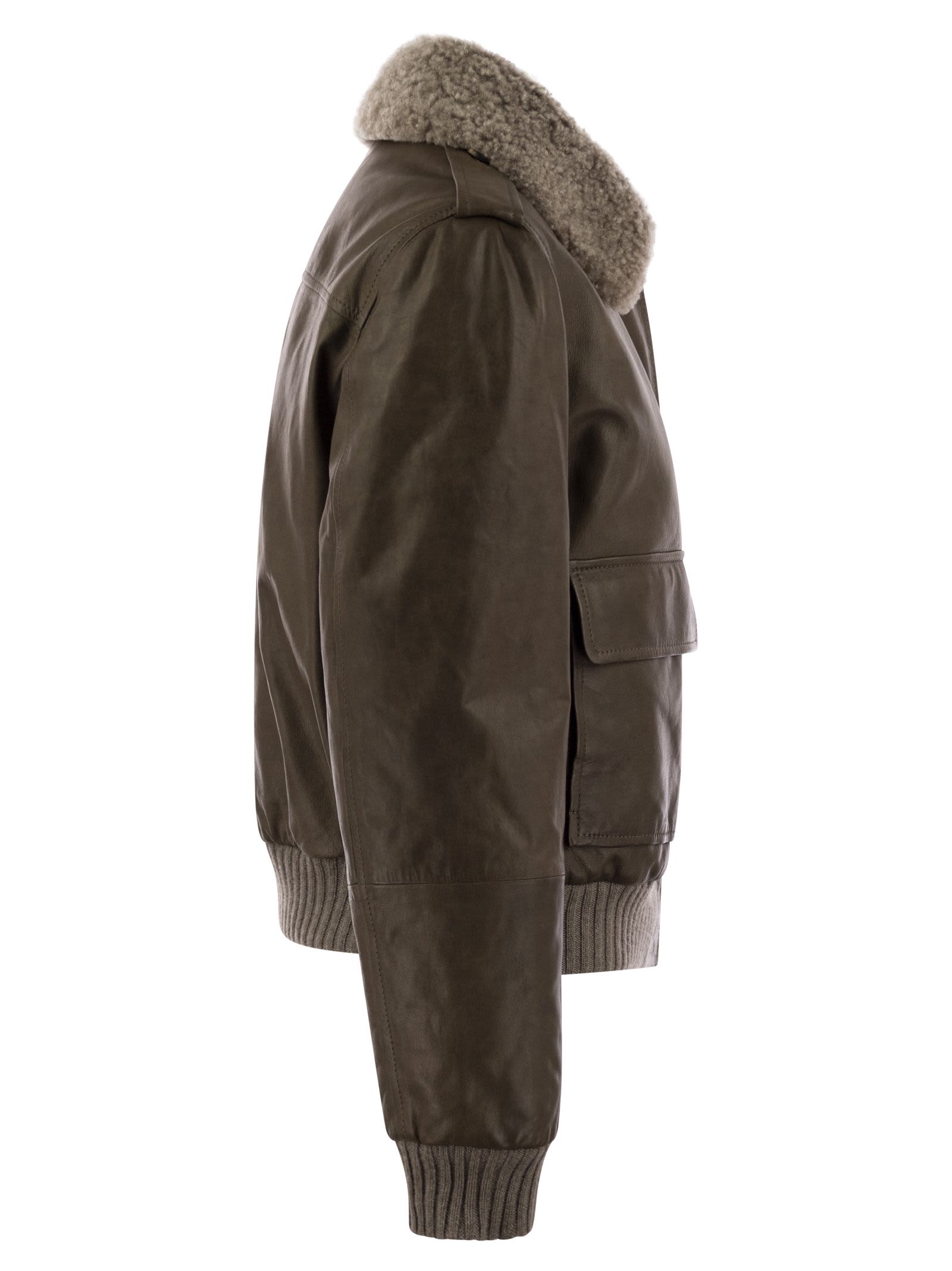 Shop Brunello Cucinelli Leather Bomber Jacket And Shearling Collar In Brown