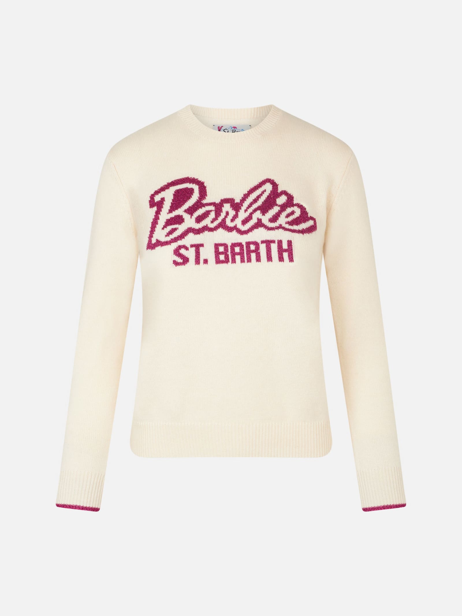 Shop Mc2 Saint Barth Woman Crewneck White Sweater With Barbie Print Barbie Special Edition