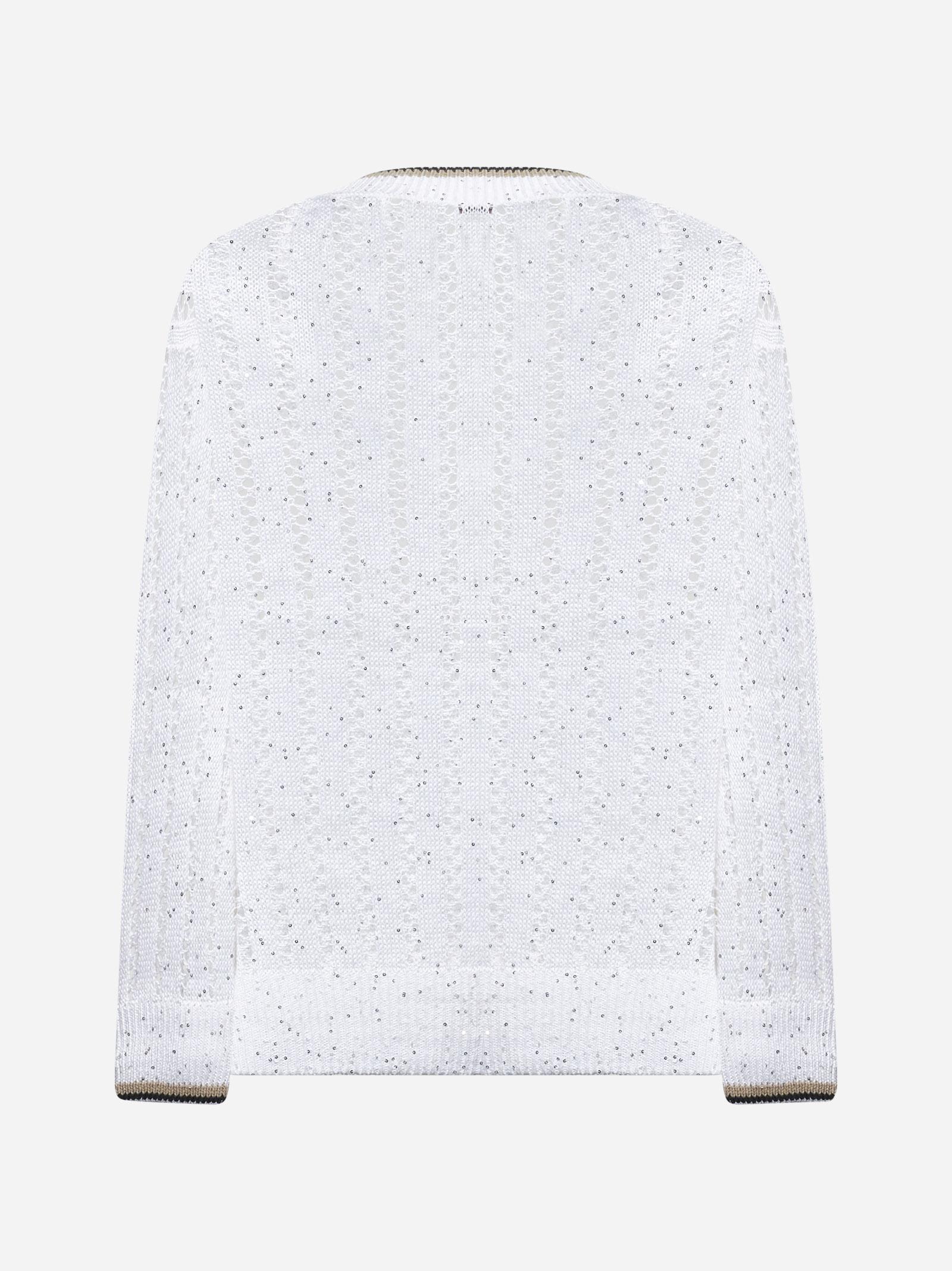 Brunello Cucinelli Perforated Linen Sweater With Sequins In Bianco+lignite+camel