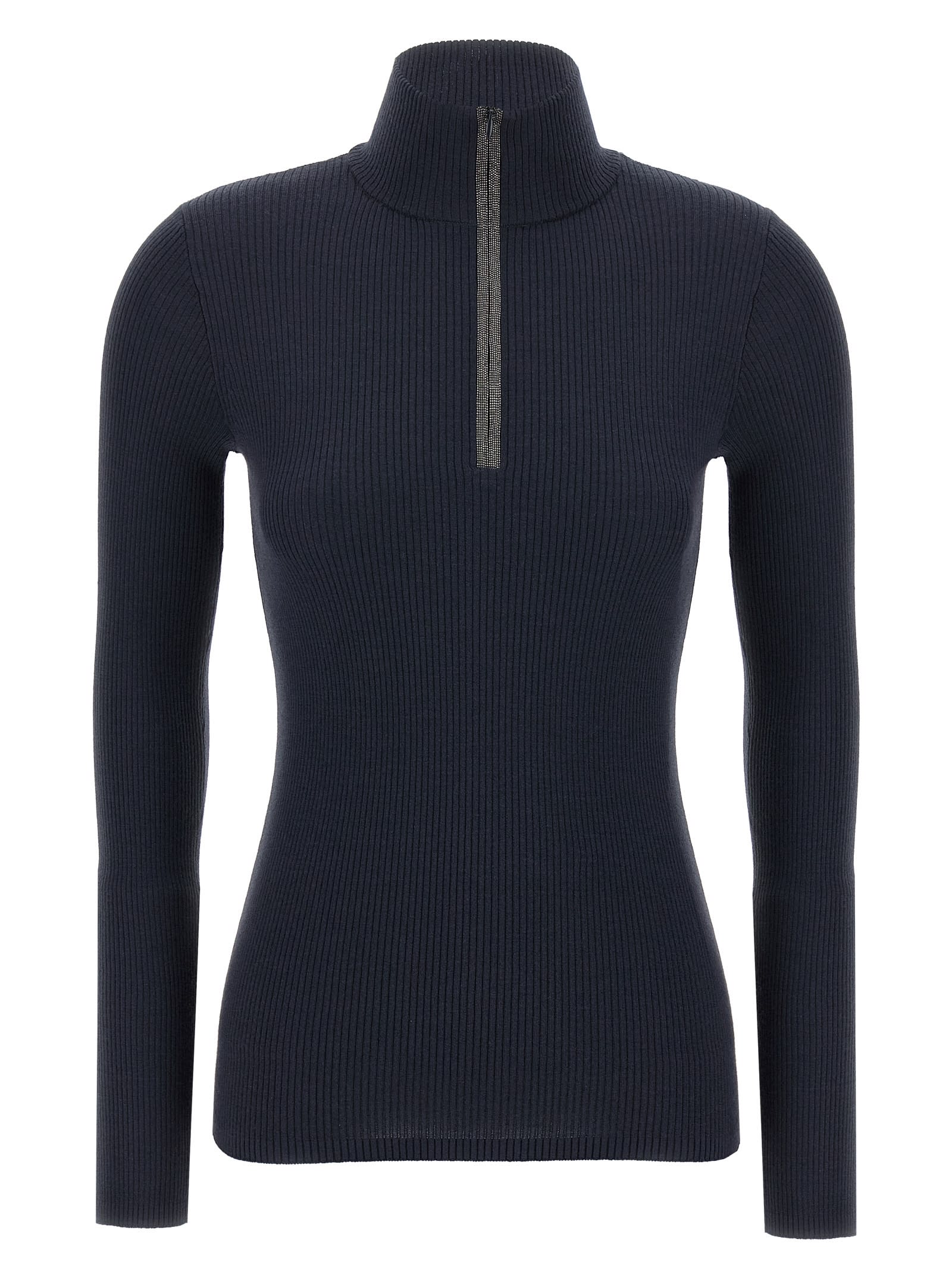 Brunello Cucinelli Wolf Knitwear With Long Sleeves And High Neck In Blue